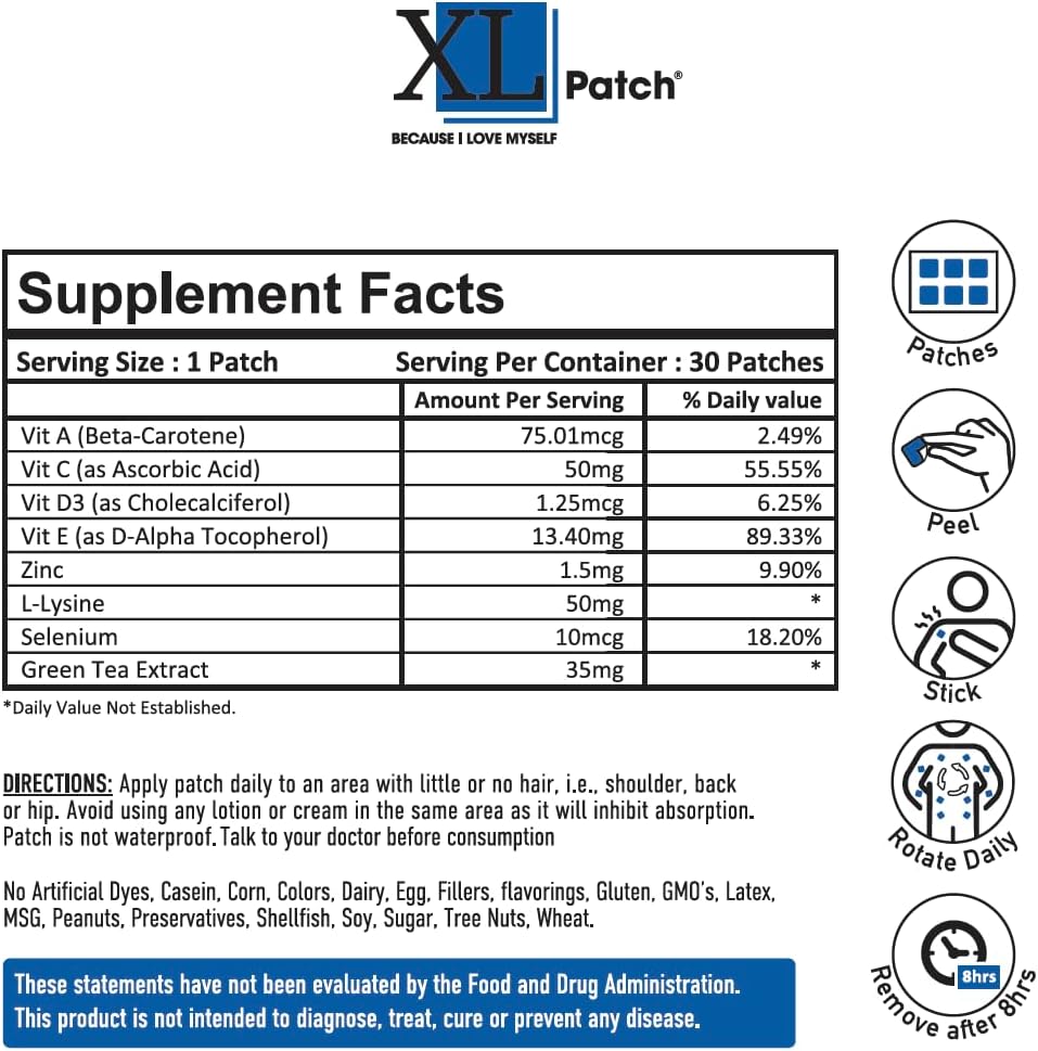30-Day Supply of XLPATCH L-Lysine and Zinc Supplement for Immune Support
