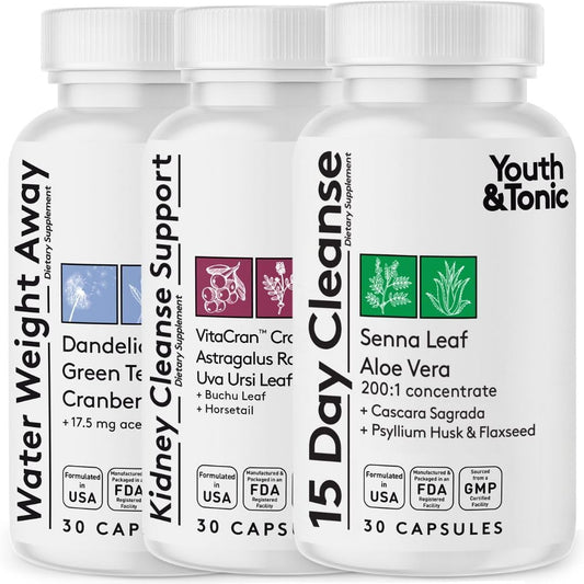 30-Day Youth & Tonic Full Body Cleanse Detox Pills with Green Tea, Senna, Dandelion & Cranberry - Flush Toxins, Reduce Bloating & Swelling