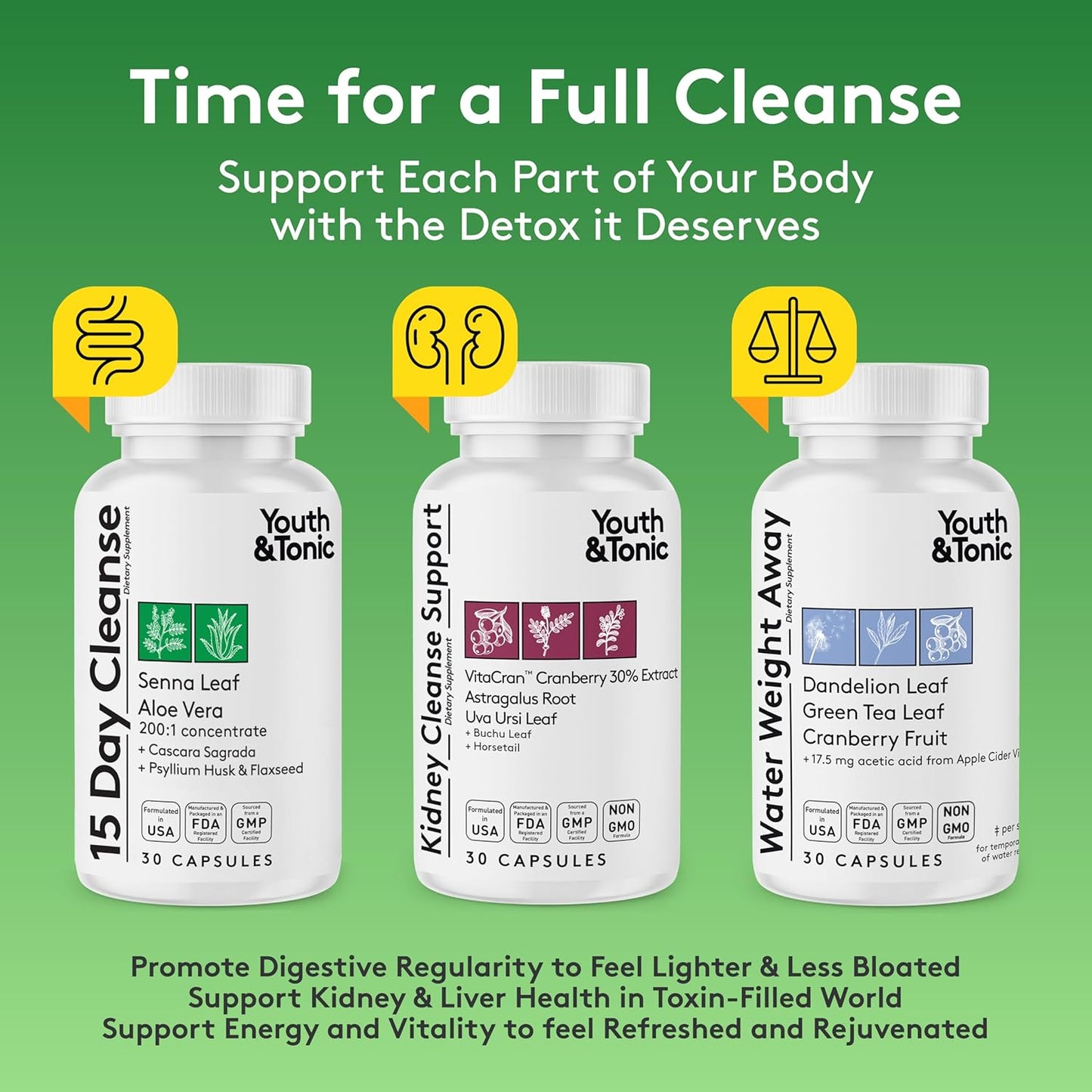 30-Day Youth & Tonic Full Body Cleanse Detox Pills with Green Tea, Senna, Dandelion & Cranberry - Flush Toxins, Reduce Bloating & Swelling