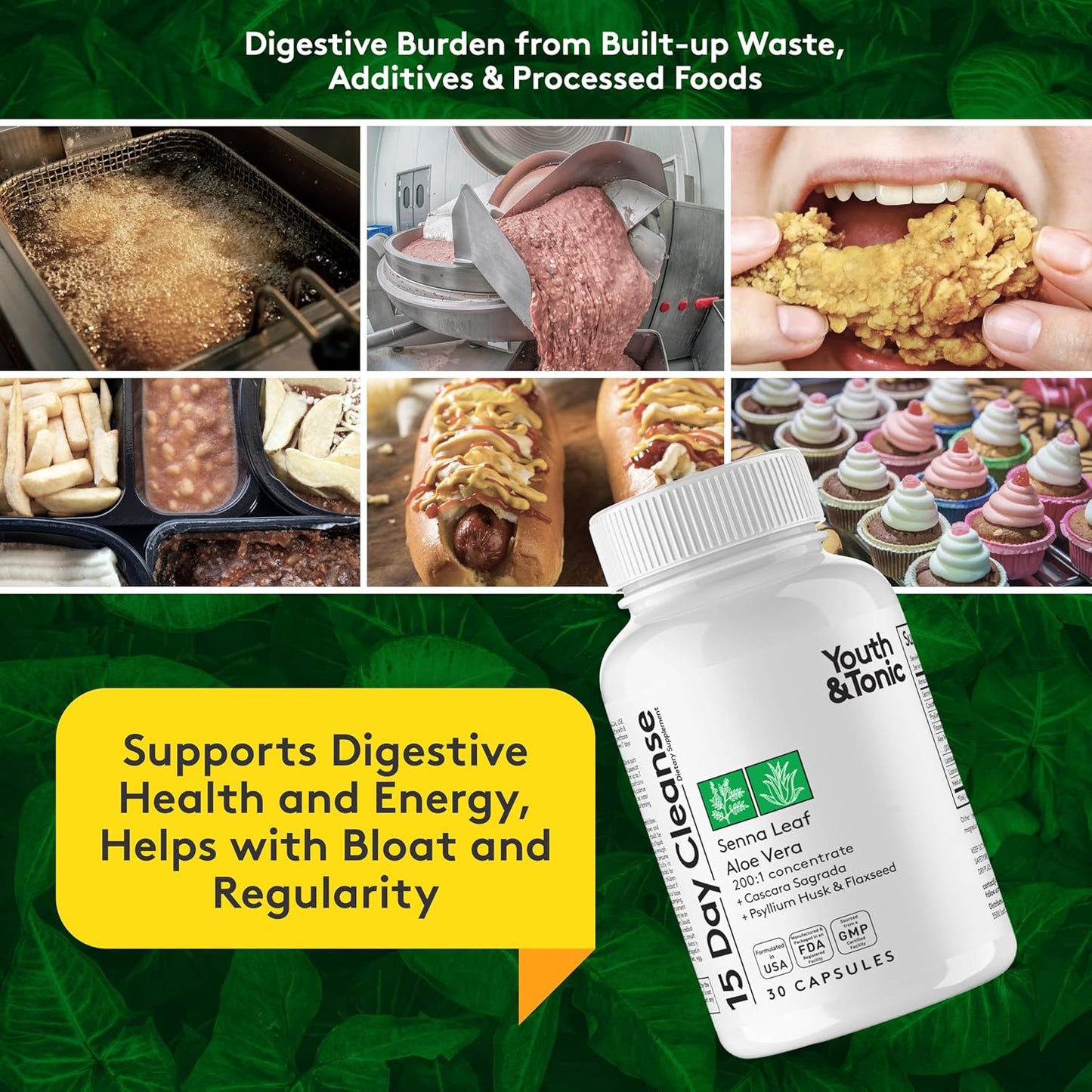 30-Day Youth & Tonic Full Body Cleanse Detox Pills with Green Tea, Senna, Dandelion & Cranberry - Flush Toxins, Reduce Bloating & Swelling