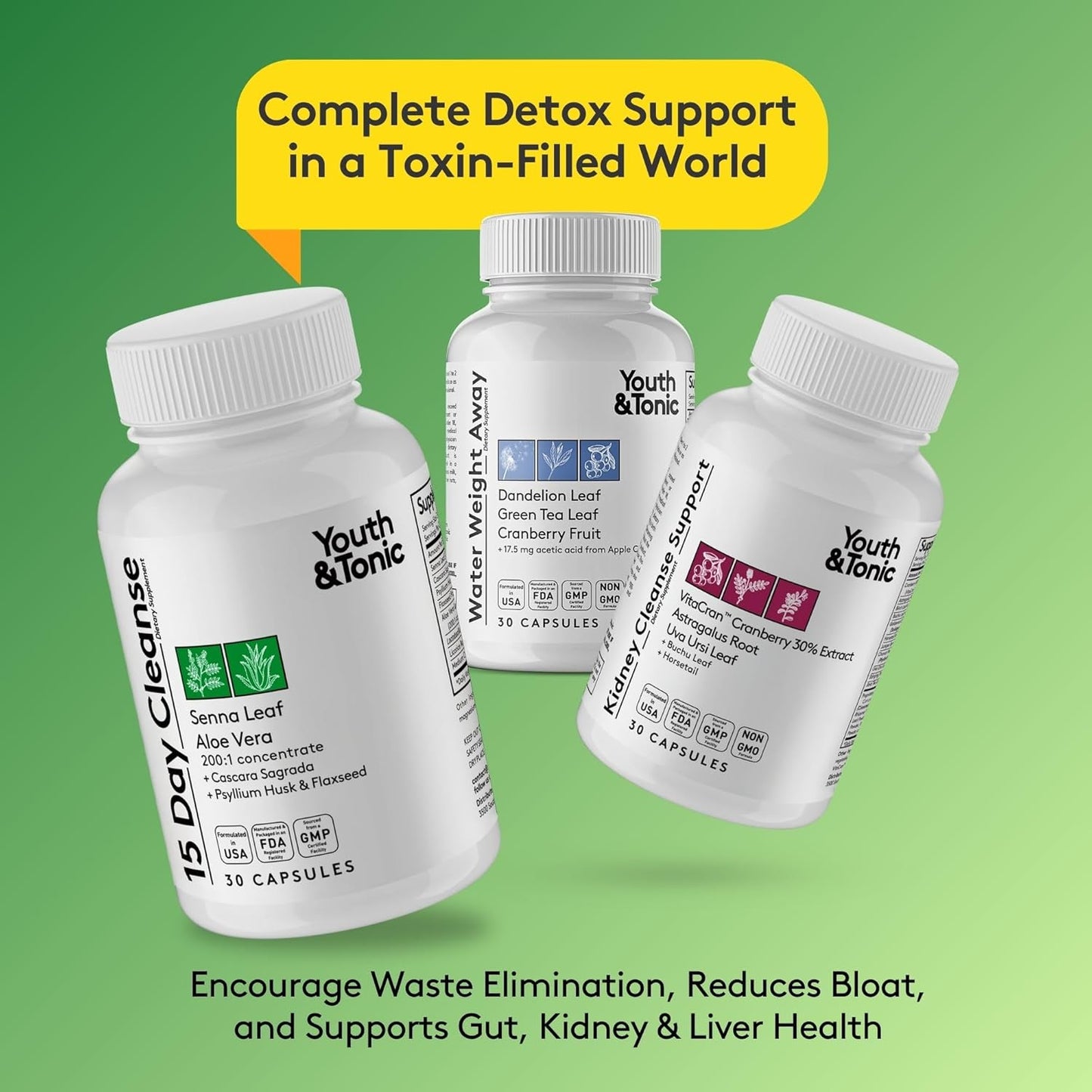 30-Day Youth & Tonic Full Body Cleanse Detox Pills with Green Tea, Senna, Dandelion & Cranberry - Flush Toxins, Reduce Bloating & Swelling