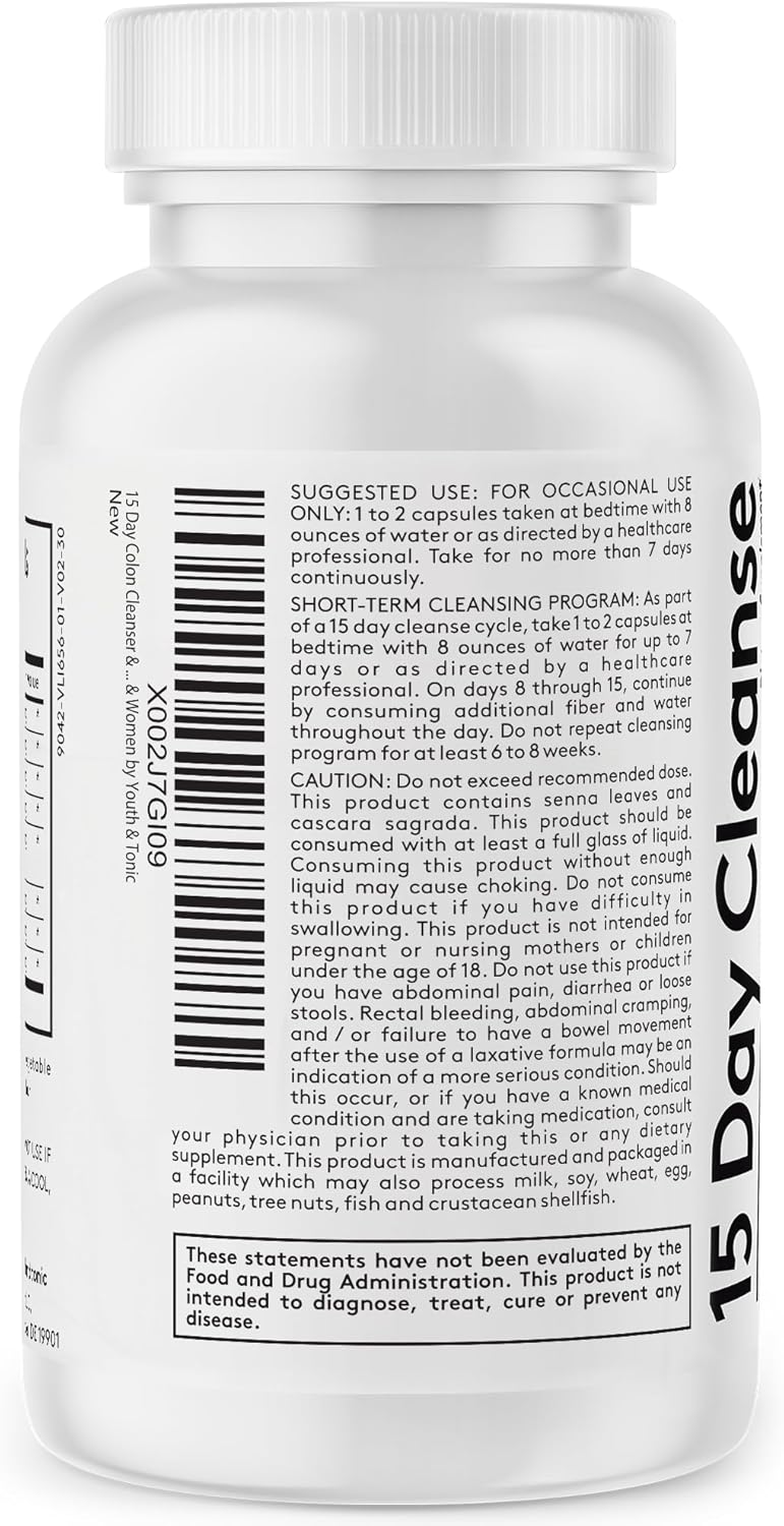 30-Day Youth & Tonic Full Body Cleanse Detox Pills with Green Tea, Senna, Dandelion & Cranberry - Flush Toxins, Reduce Bloating & Swelling
