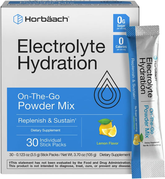 30 Horbäach Electrolyte Powder Packets - Lemon Flavor for On-The-Go | Vegetarian & Keto-Friendly | Non-GMO & Gluten Free