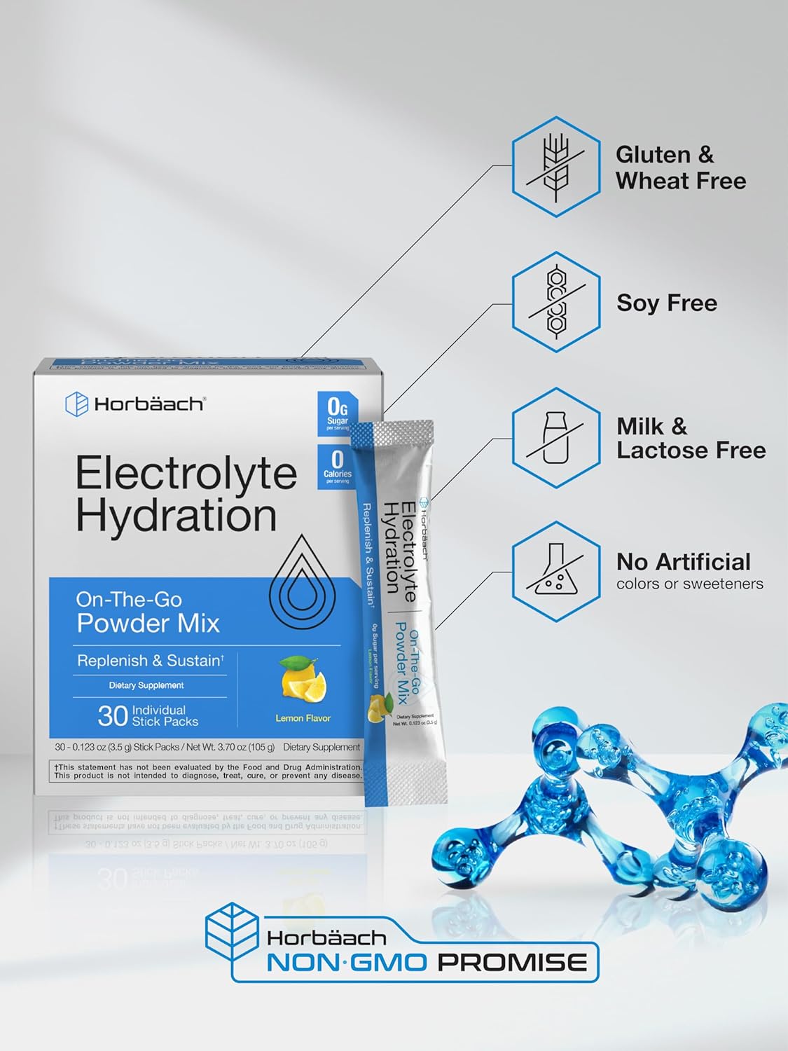 30 Horbäach Electrolyte Powder Packets - Lemon Flavor for On-The-Go | Vegetarian & Keto-Friendly | Non-GMO & Gluten Free