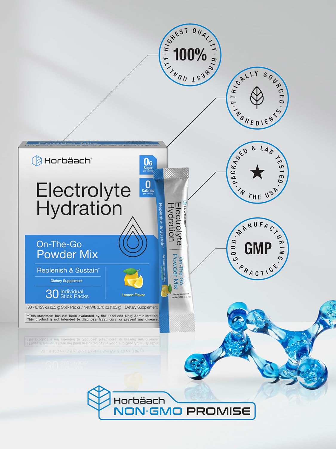 30 Horbäach Electrolyte Powder Packets - Lemon Flavor for On-The-Go | Vegetarian & Keto-Friendly | Non-GMO & Gluten Free