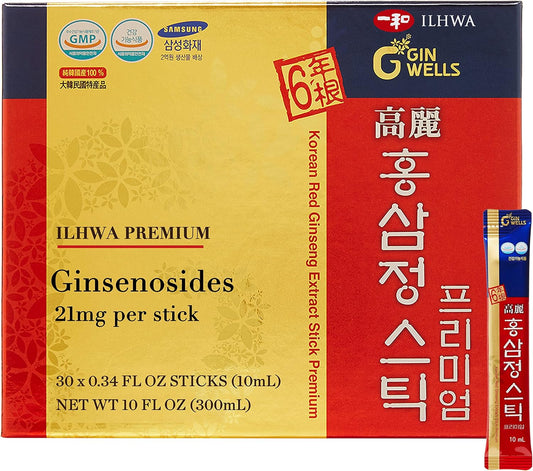 30 ILHWA Premium Korean Red Ginseng Extract Sticks - Boost Immunity with 21mg Ginsenoside per Serving
