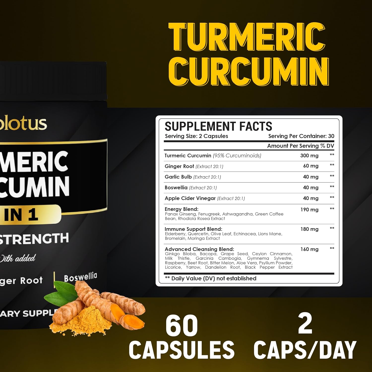 30-in-1 Turmeric Curcumin Capsules with Ginger, Ginseng, Garlic, Bromelain, Moringa, Black Pepper - 60 Capsules for Joint Support & Absorption