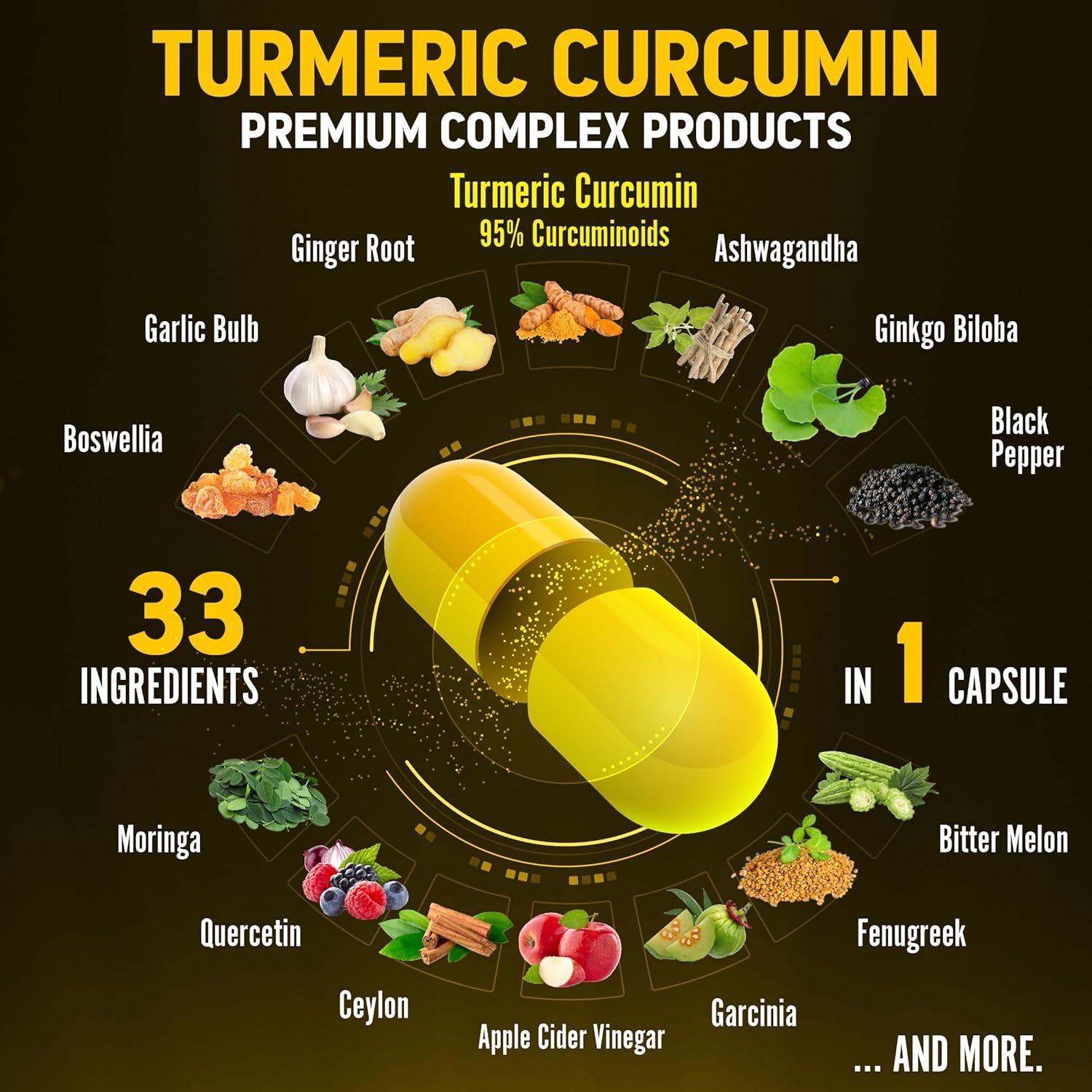 30-in-1 Turmeric Curcumin Capsules with Ginger, Ginseng, Garlic, Bromelain, Moringa, Black Pepper - 60 Capsules for Joint Support & Absorption