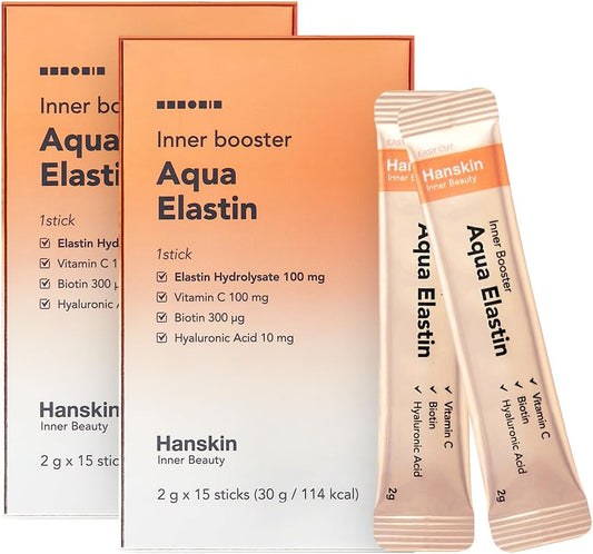 30 Individual Sticks of Hanskin Aqua Elastin Hyaluronic Acid Powder Packets with Biotin & Vitamin C for Skin, Hair, Nails & Joints