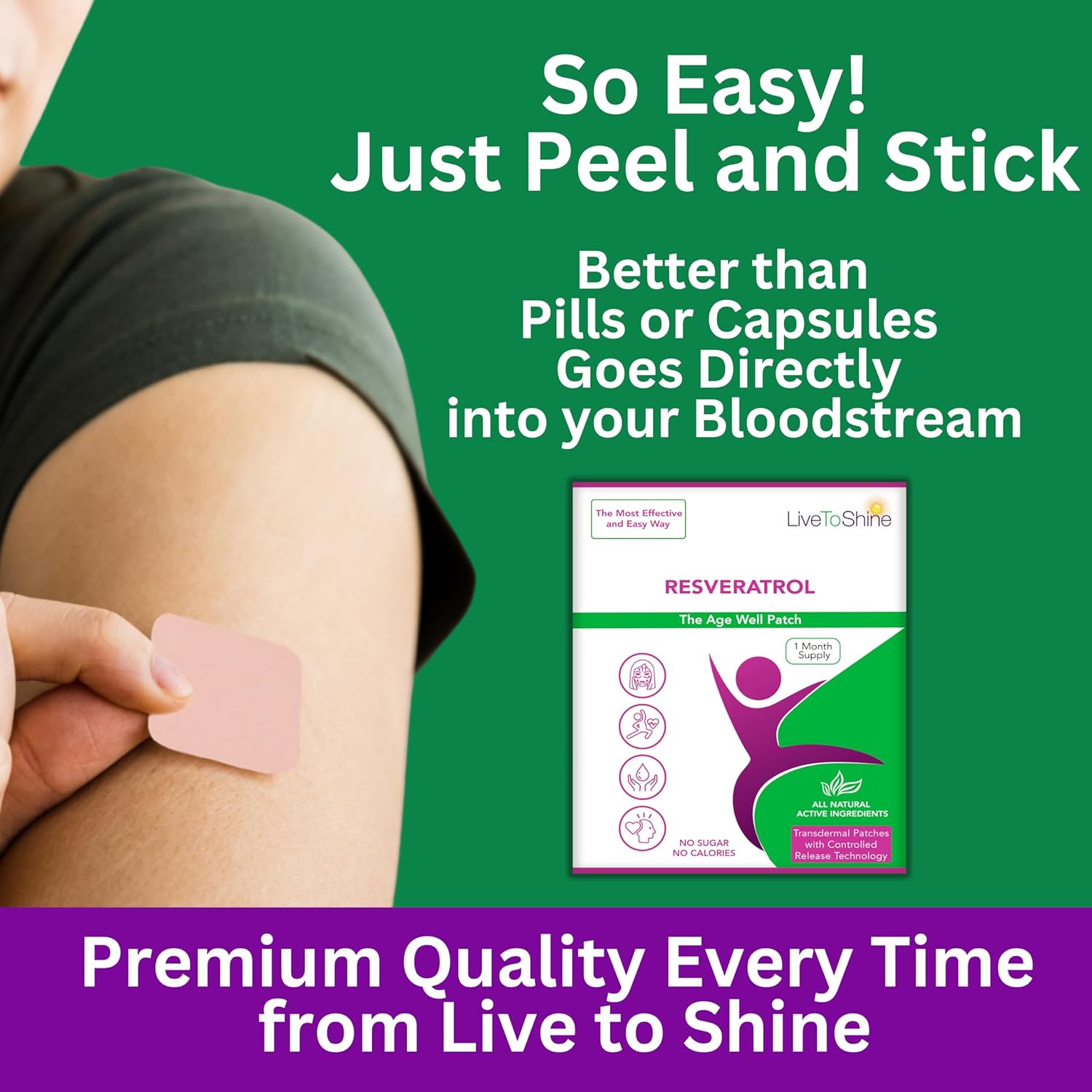 30 Live To Shine Resveratrol Patches for Women and Men - Made in USA - Transdermal Patches for One Month