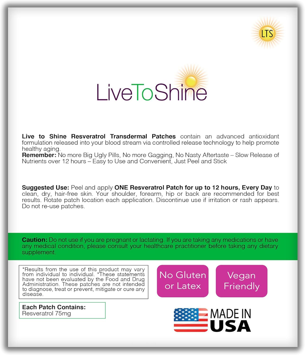 30 Live To Shine Resveratrol Patches for Women and Men - Made in USA - Transdermal Patches for One Month
