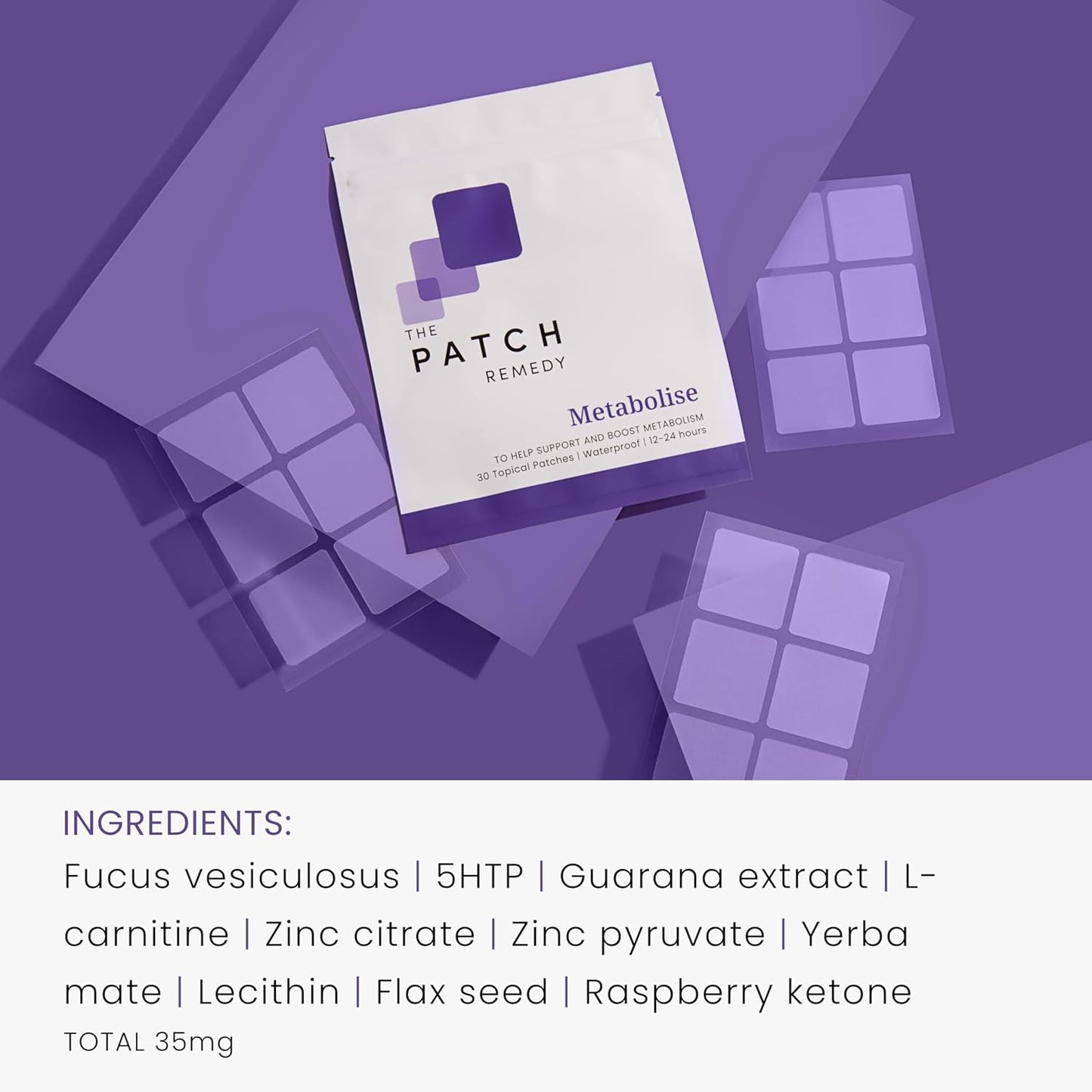 30 Metabolise Patches with 5HTP, Guarana Extract, L-carnitine, and Lecithin | Waterproof Topical Patches Lasting 12-24 Hours