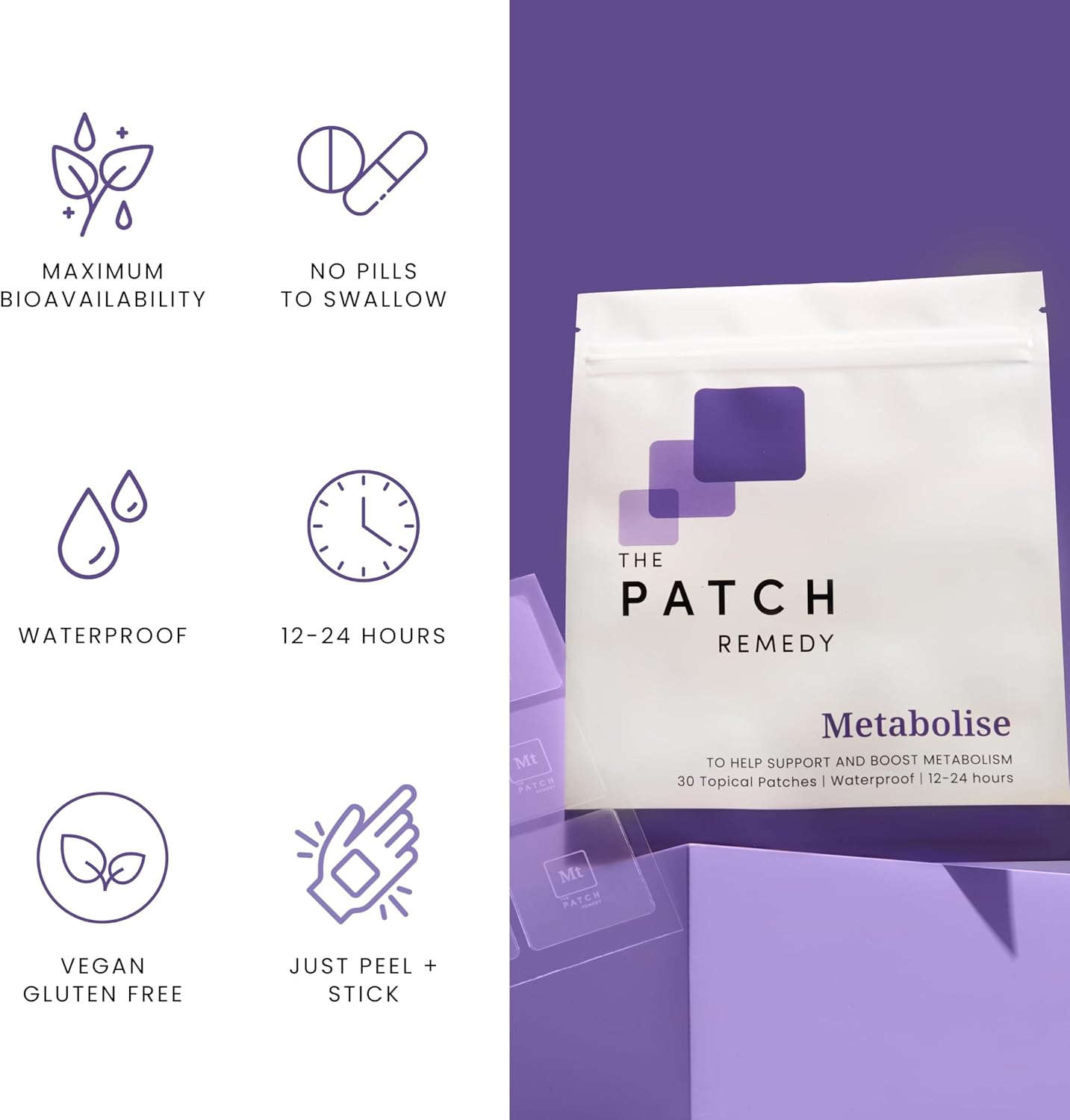 30 Metabolise Patches with 5HTP, Guarana Extract, L-carnitine, and Lecithin | Waterproof Topical Patches Lasting 12-24 Hours