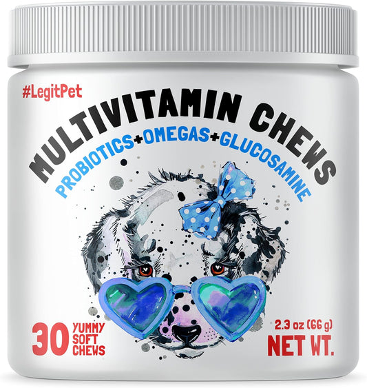 30 Multivitamin Chews for Dogs with Glucosamine, Probiotics, and Omegas - Joint, Immune, Skin, and Heart Health Supplement