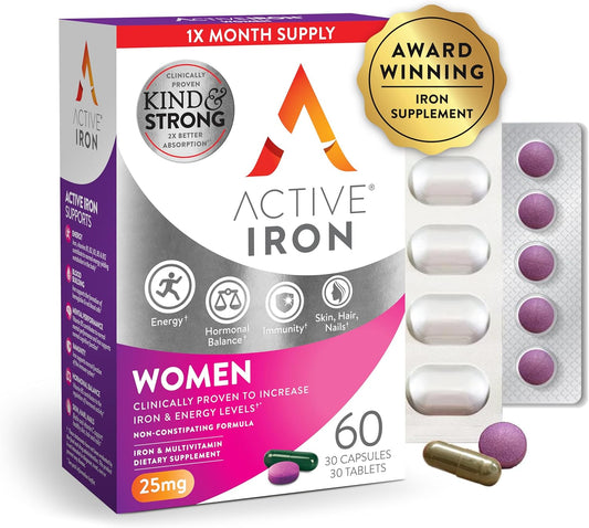 30 Non-Constipating Active Iron Capsules + Women's Multivitamin - Increase Iron & Energy Levels - Clinically Proven