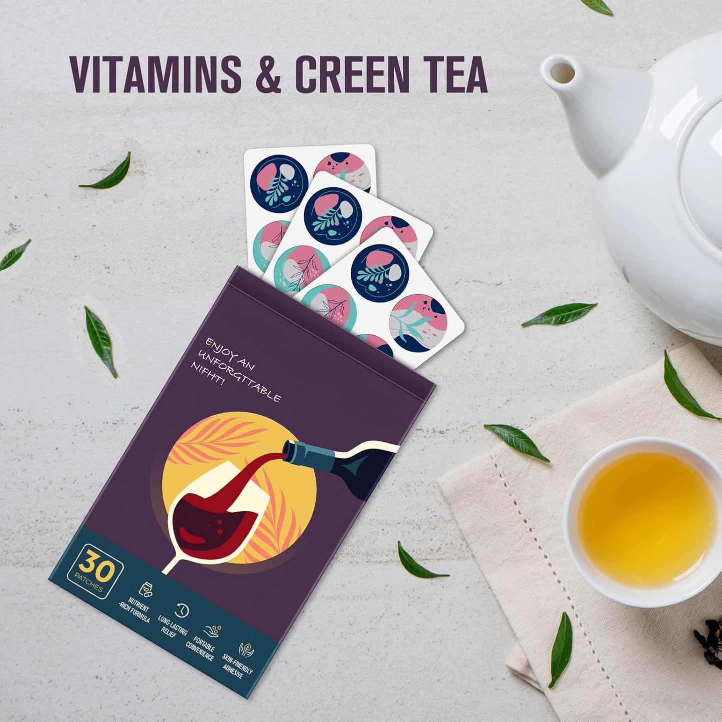 30 Pack of RAAYAM Party Recovery Patches with Green Tea for Fast Relief - No Regrets Night and Refreshed Mornings