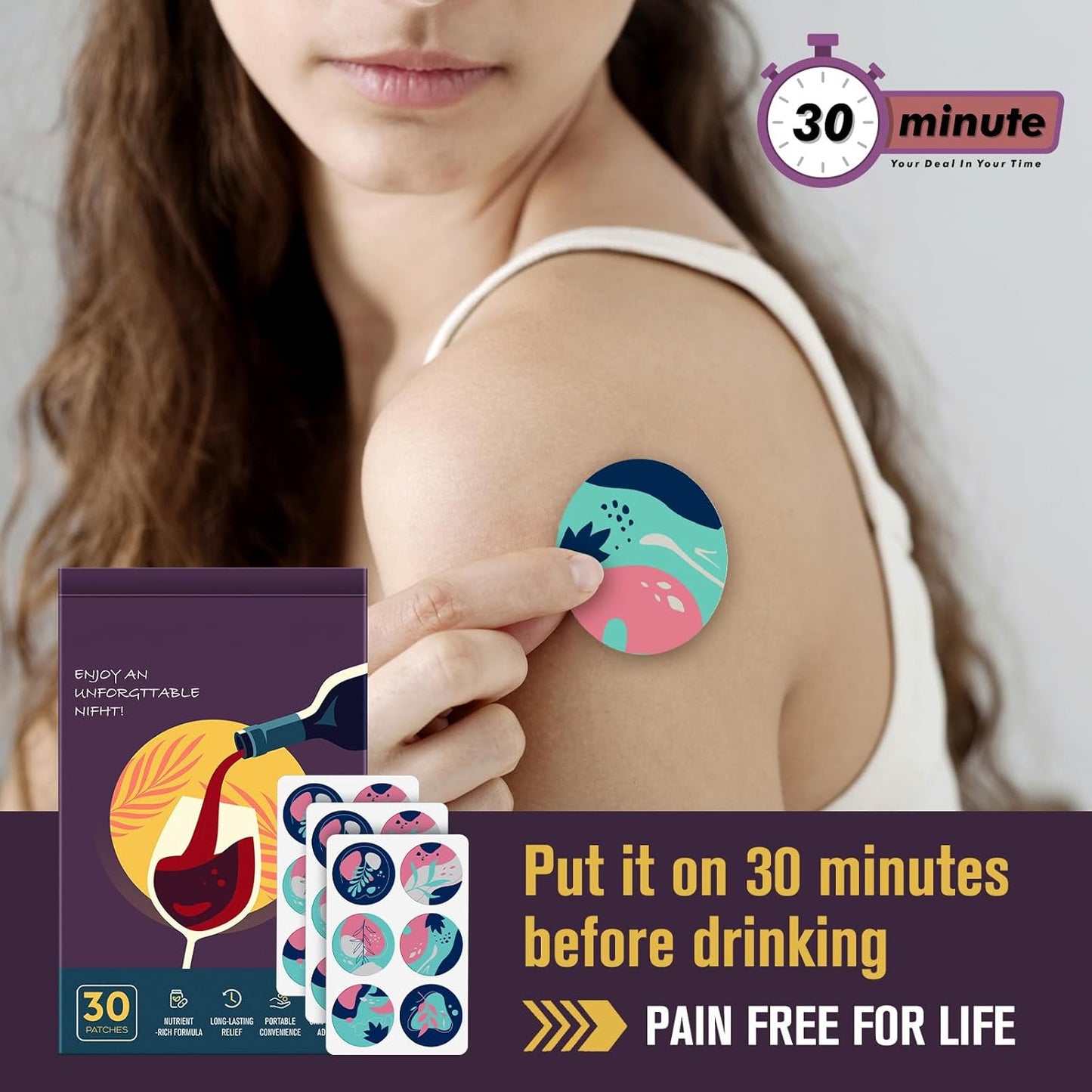 30 Pack of RAAYAM Party Recovery Patches with Green Tea for Fast Relief - No Regrets Night and Refreshed Mornings