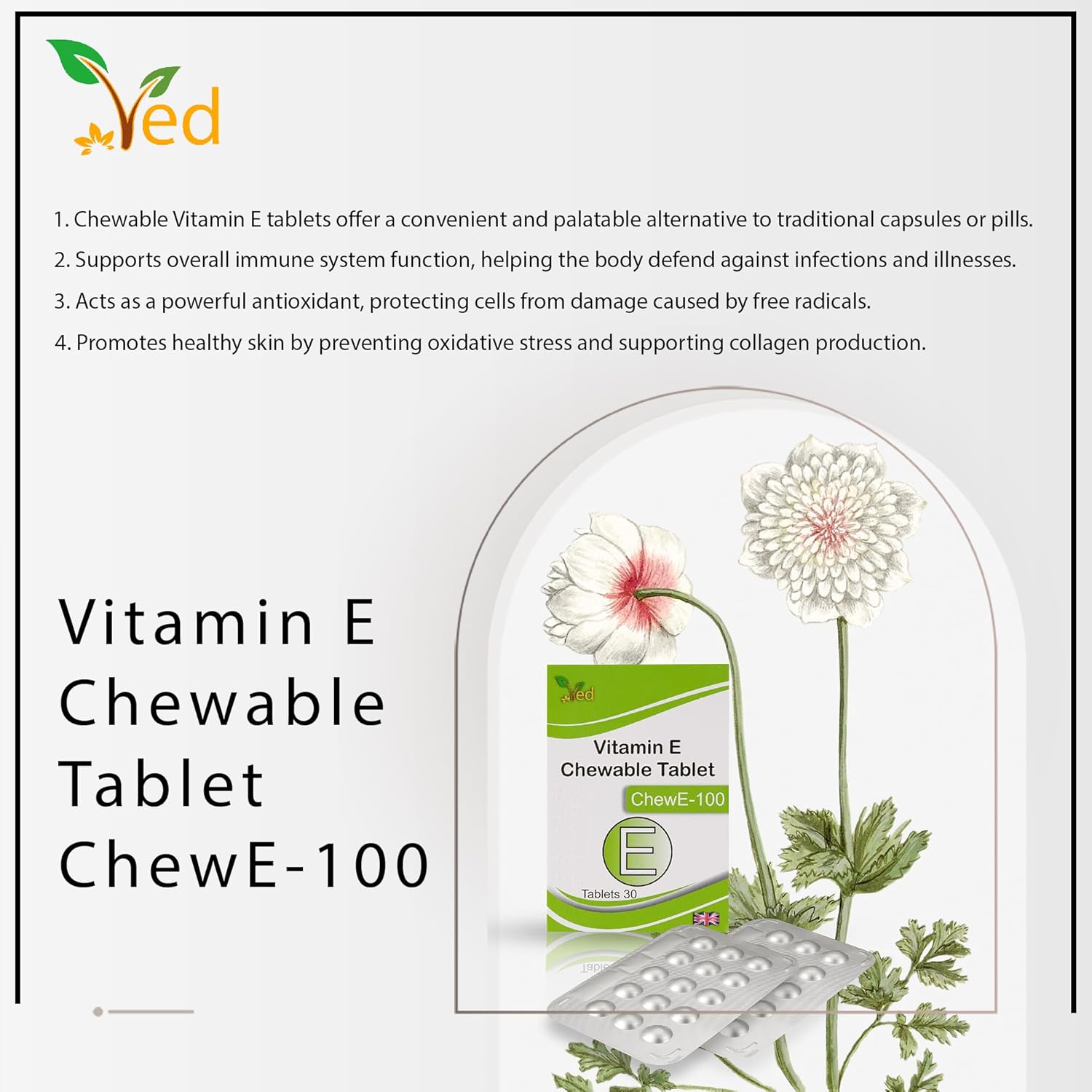 30-Pack of VED Vitamin E 100 MG Chewable Tablets for Daily Antioxidant Support