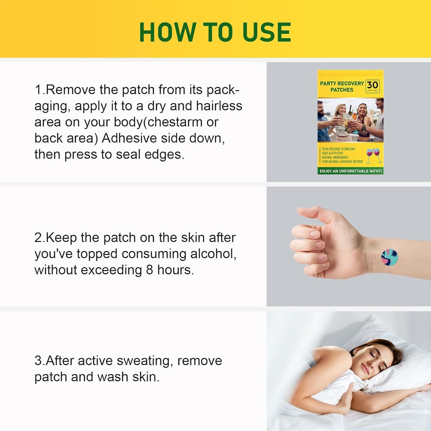 30 Pack RAAYAM Patches with Green Tea for Fast-Acting Relief Before Drinking, Promotes No Regret Nights and Refreshing Mornings for Men and Women