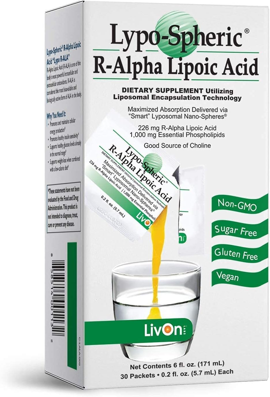 30 Packets of LivOn Laboratories Lypo-Spheric R-Alpha Lipoic Acid - 226mg Each - Enhanced Absorption with Liposome Encapsulation - Non-GMO Formula