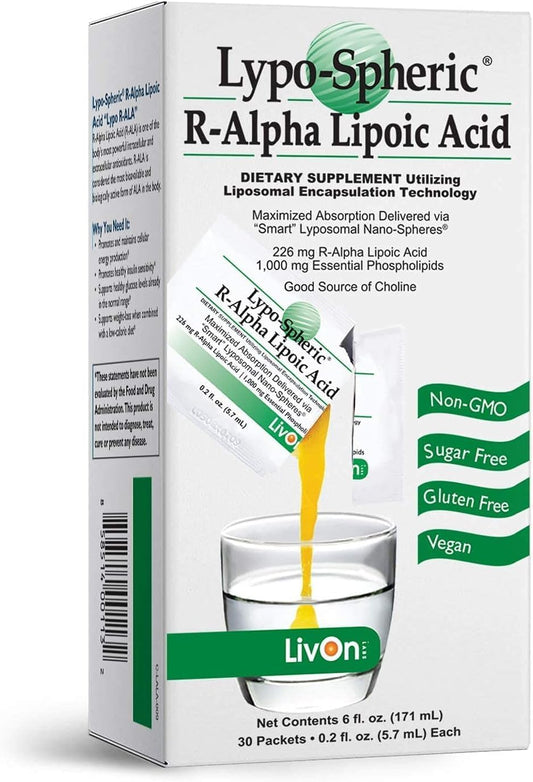 30 Packets of LivOn Laboratories Lypo-Spheric R-Alpha Lipoic Acid - 226mg Each - Enhanced Absorption with Liposome Encapsulation - Non-GMO Formula