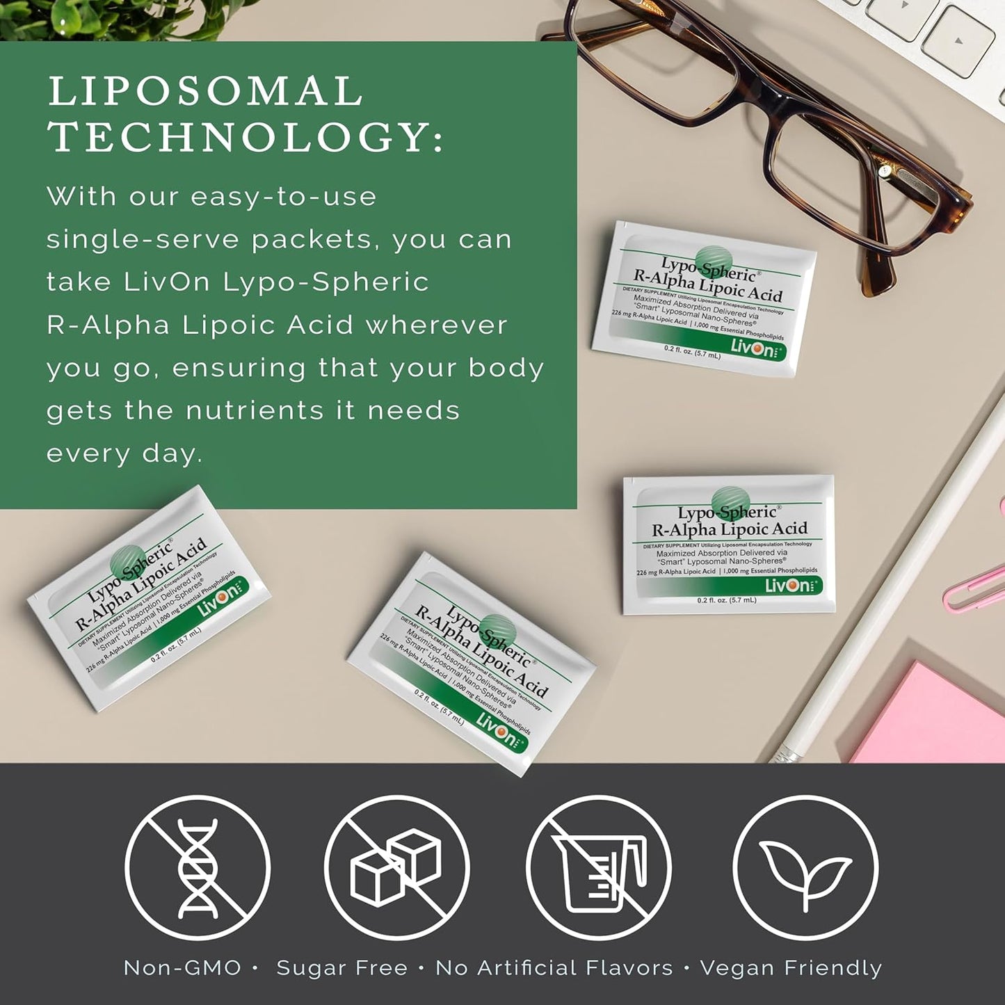 30 Packets of LivOn Laboratories Lypo-Spheric R-Alpha Lipoic Acid - 226mg Each - Enhanced Absorption with Liposome Encapsulation - Non-GMO Formula