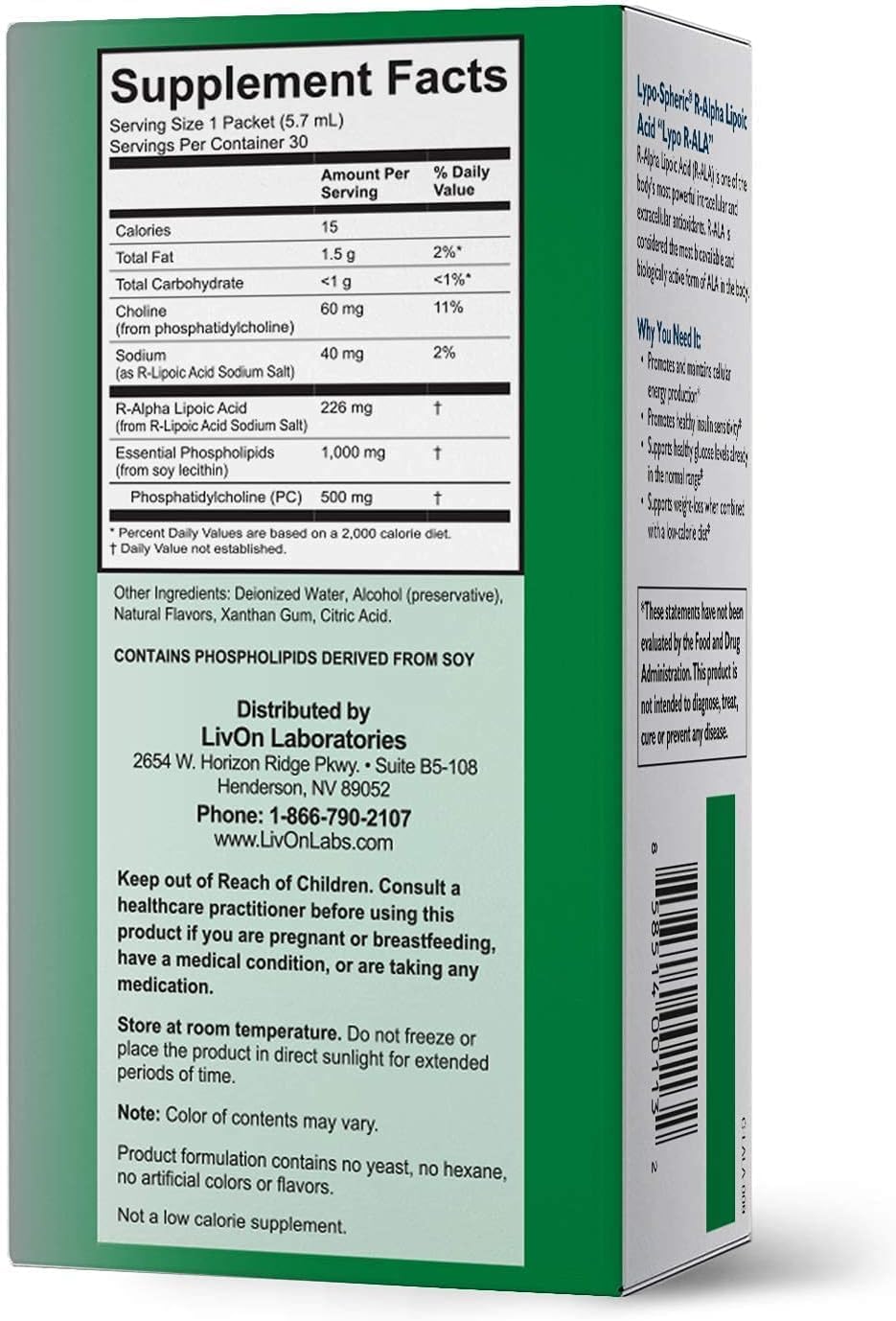 30 Packets of LivOn Laboratories Lypo-Spheric R-Alpha Lipoic Acid - 226mg Each - Enhanced Absorption with Liposome Encapsulation - Non-GMO Formula