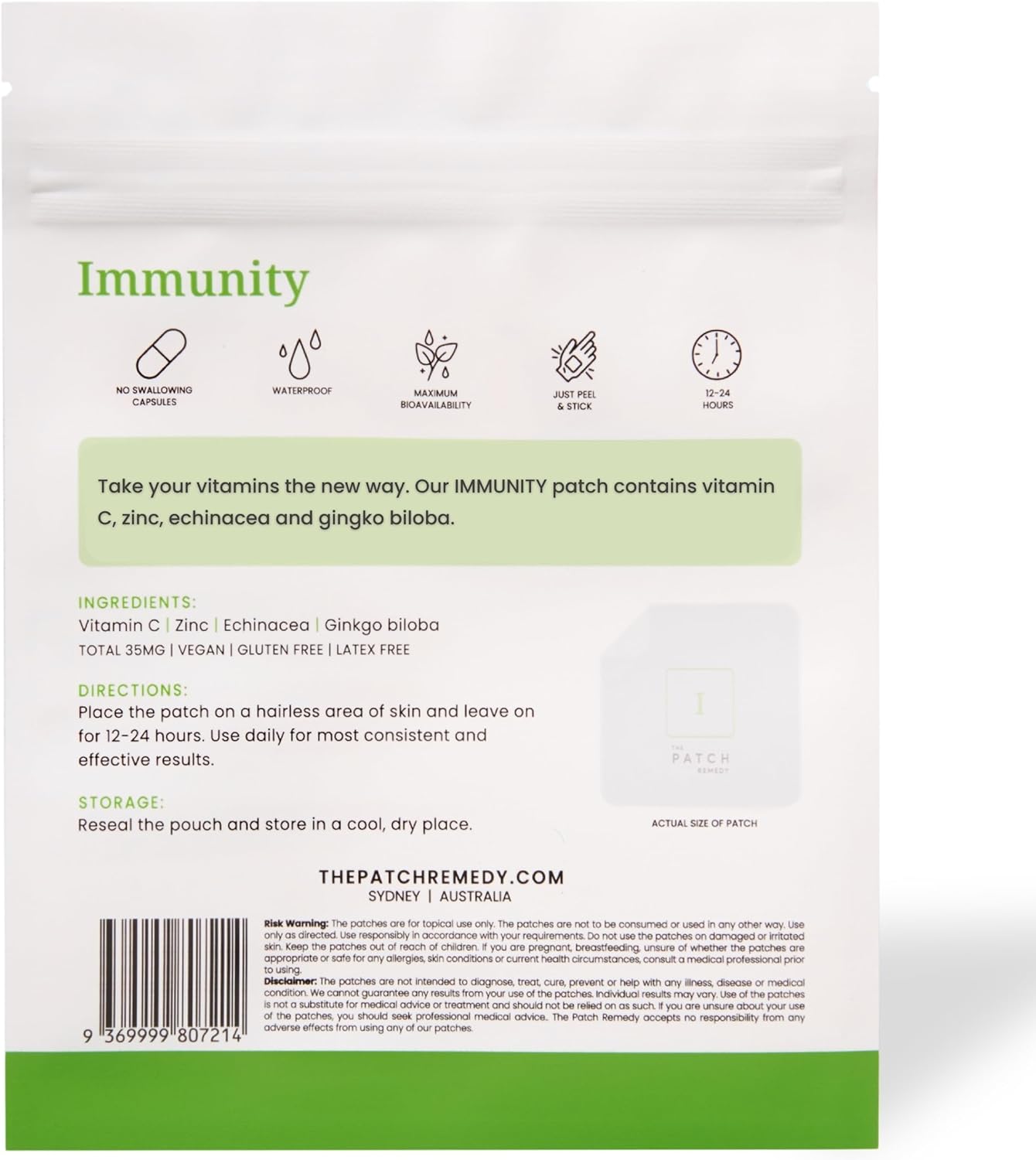 30 Patch Remedy Immunity Patches with Vitamin C, Zinc, Echinacea & Ginkgo Biloba - Long-Lasting Immune Support for 24 Hours