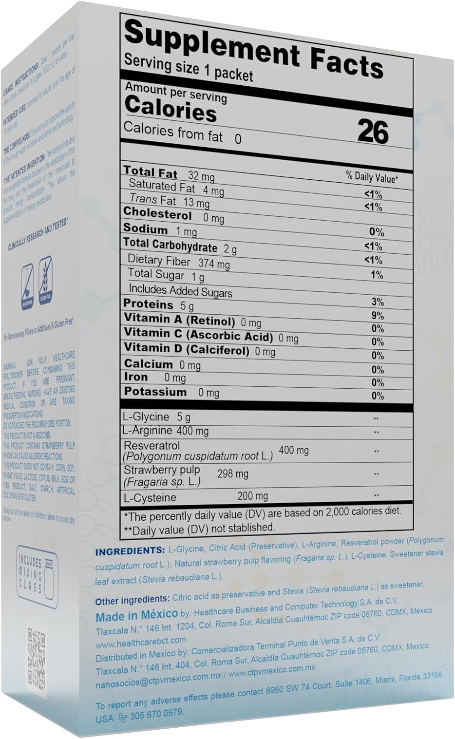30 Sachets of ENIKIA Resveratrol, L-Glycine, L-Arginine, and L-Cysteine Food Supplement with Amino Acids and Antioxidants, Strawberry Flavor