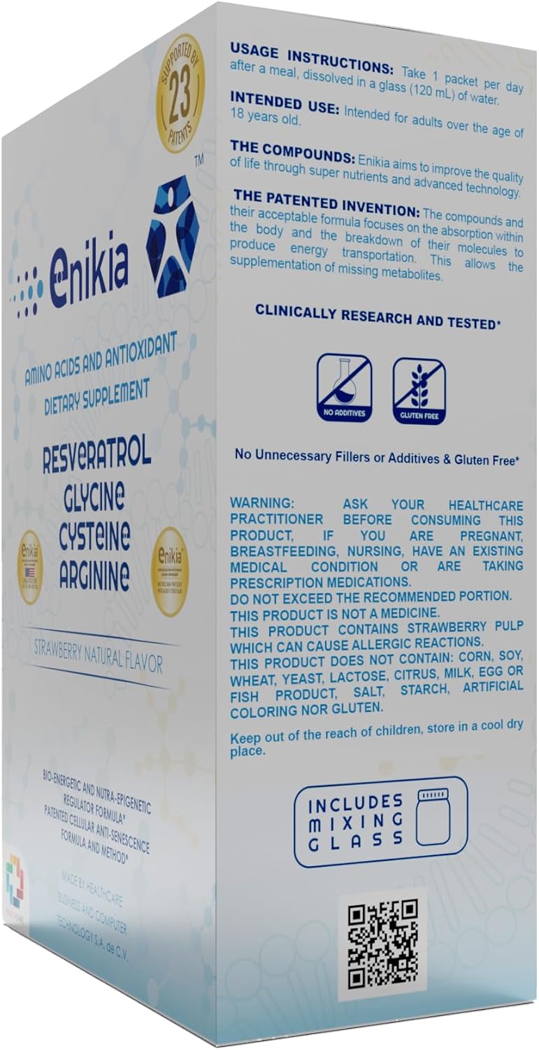 30 Sachets of ENIKIA Resveratrol, L-Glycine, L-Arginine, and L-Cysteine Food Supplement with Amino Acids and Antioxidants, Strawberry Flavor