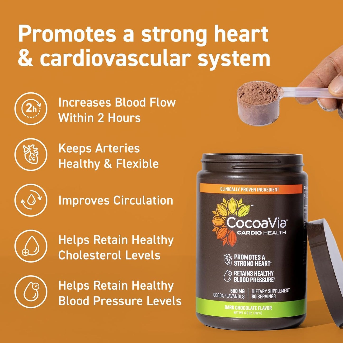 30-Serving CocoaVia Cardio Health Cocoa Powder with 500mg Cocoa Flavanols for Heart Health & Energy - Vegan Dark Chocolate Cacao Supplement