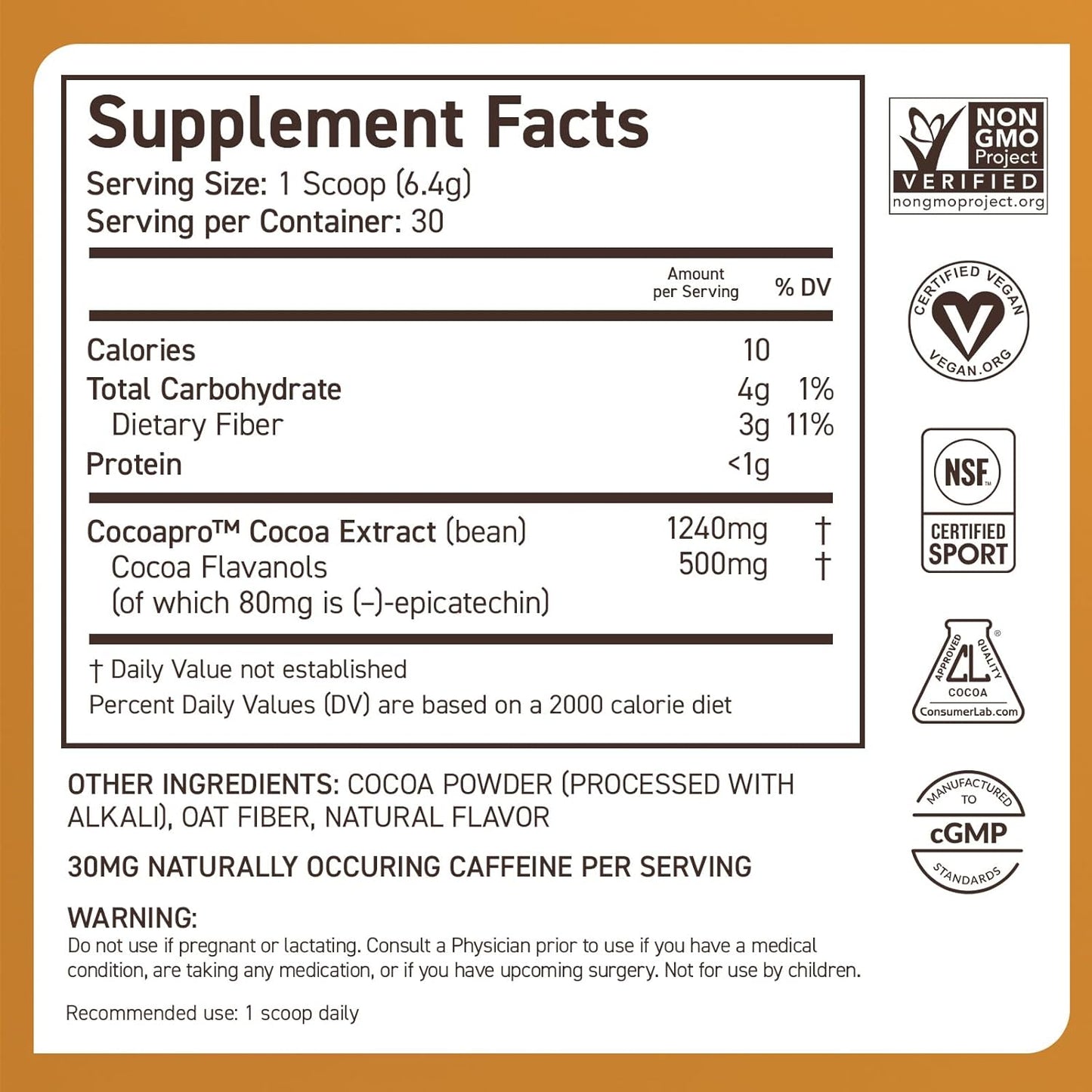 30-Serving CocoaVia Cardio Health Cocoa Powder with 500mg Cocoa Flavanols for Heart Health & Energy - Vegan Dark Chocolate Cacao Supplement