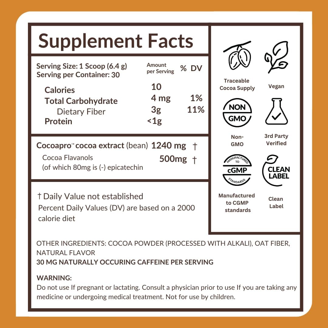 30-Serving CocoaVia Cardio Health Cocoa Powder with 500mg Cocoa Flavanols for Heart Health & Energy - Vegan Dark Chocolate Cacao Supplement