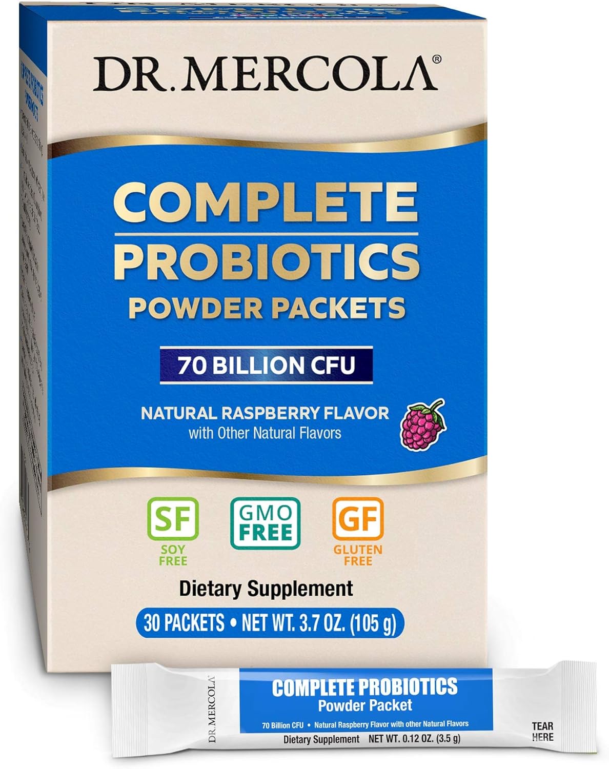 30 Servings Dr. Mercola Complete Probiotics Powder Packets - 70 Billion CFU, Natural Raspberry Flavor - Digestive & Immune Support