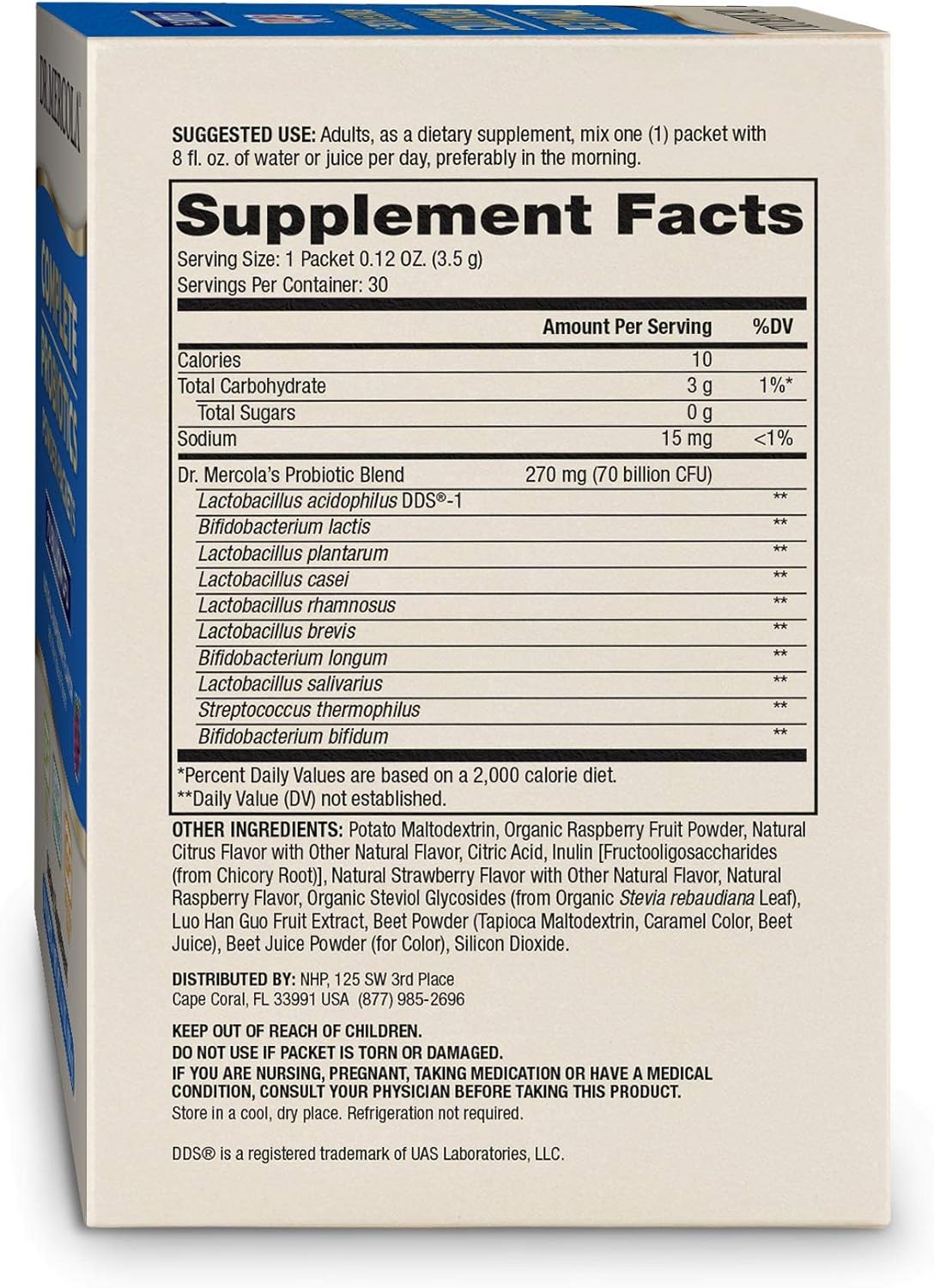 30 Servings Dr. Mercola Complete Probiotics Powder Packets - 70 Billion CFU, Natural Raspberry Flavor - Digestive & Immune Support