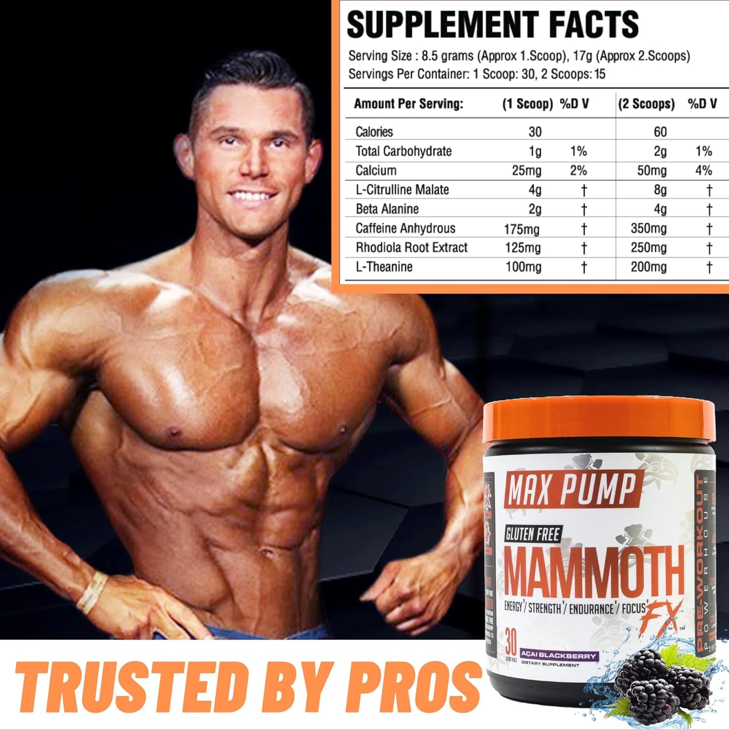 30 Servings Mammoth Labs Pump Pre Workout - Explosive Energy & Focus with Nitric Oxide Boosters for Muscle Building & Endurance - Sugar Free Gluten Free Energy Supplement for Men & Women