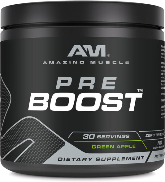 30 Servings of Amazing Muscle Pre Boost Natural Green Apple Pre Workout Supplement, 324g Powder - Made in USA