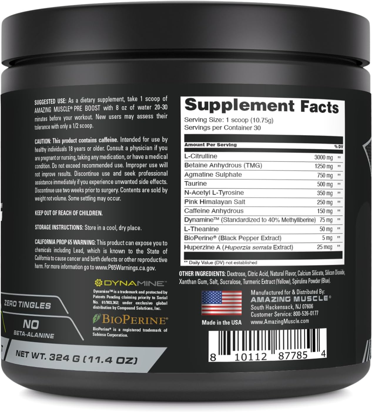 30 Servings of Amazing Muscle Pre Boost Natural Green Apple Pre Workout Supplement, 324g Powder - Made in USA