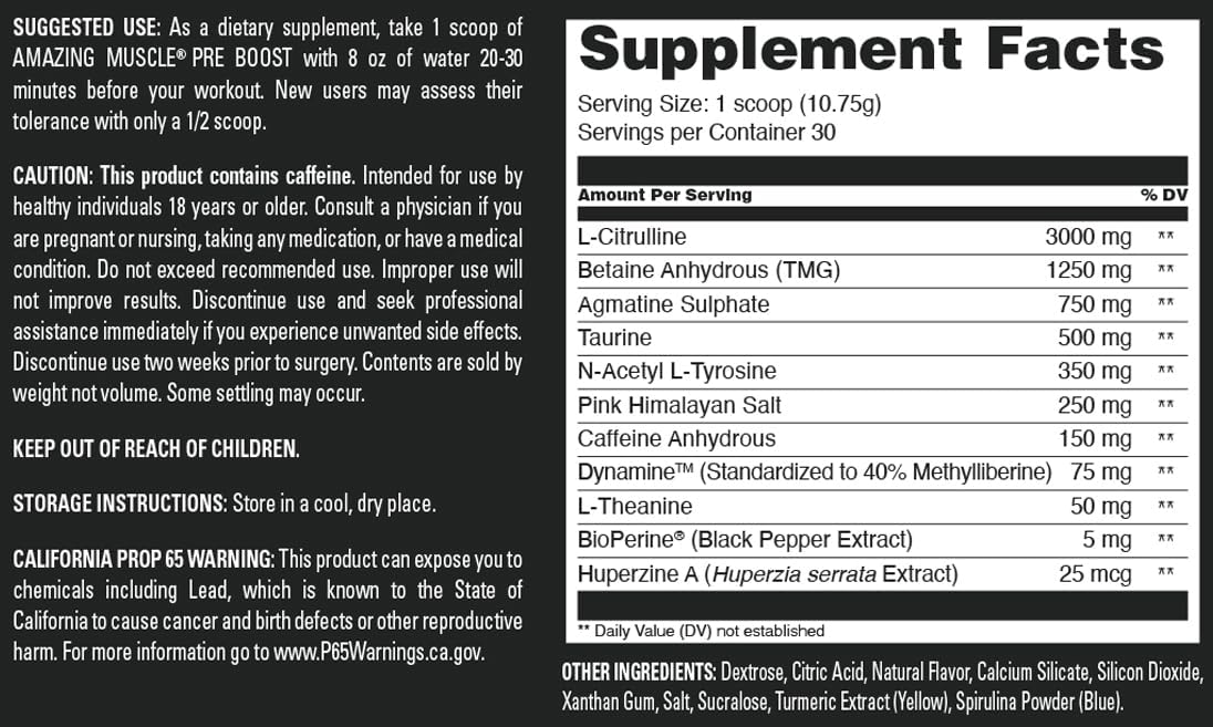 30 Servings of Amazing Muscle Pre Boost Natural Green Apple Pre Workout Supplement, 324g Powder - Made in USA