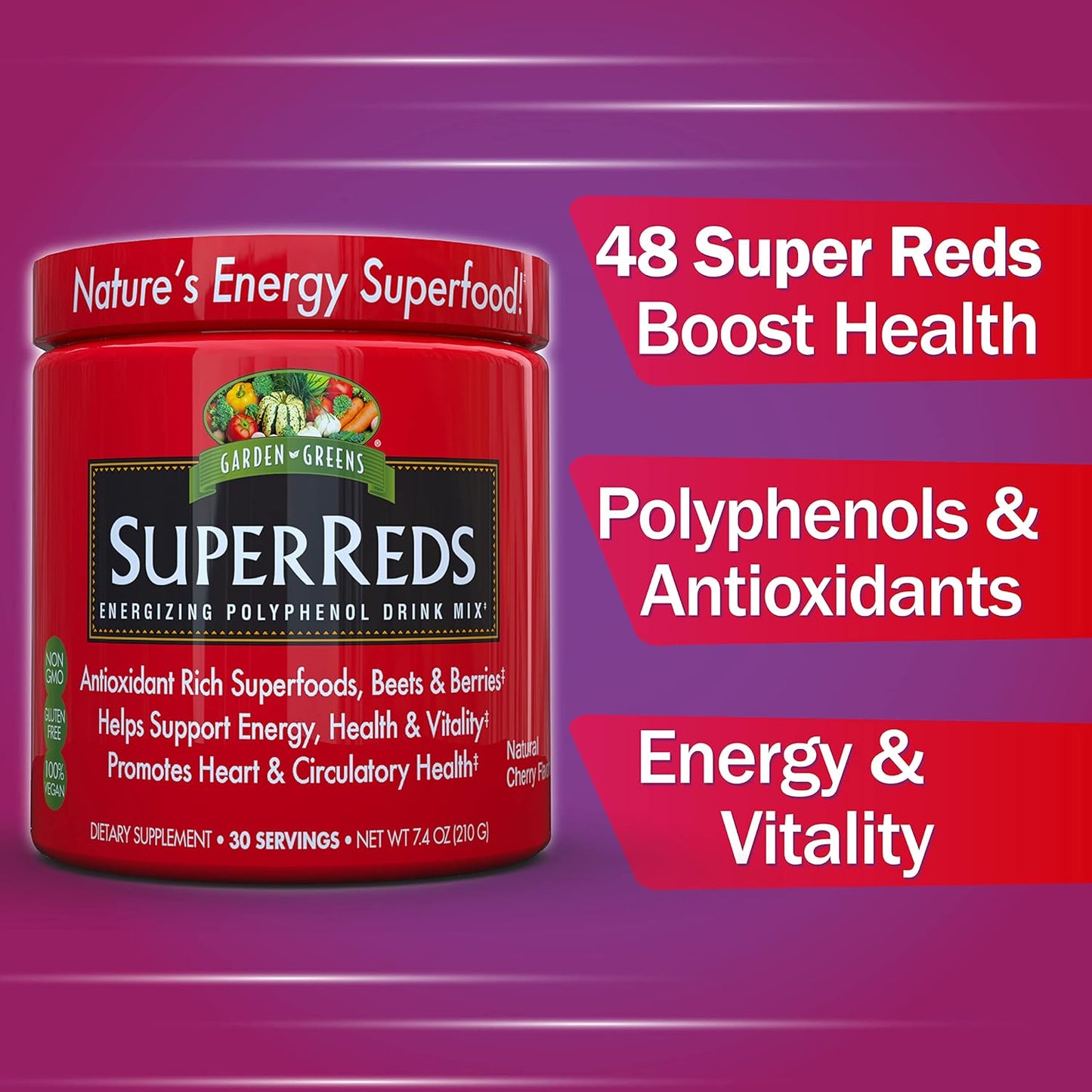 30 Servings of Garden Greens Super Reds Energizing Polyphenol Superfoods Antioxidant Powder Drink Mix - 7.4 Ounce