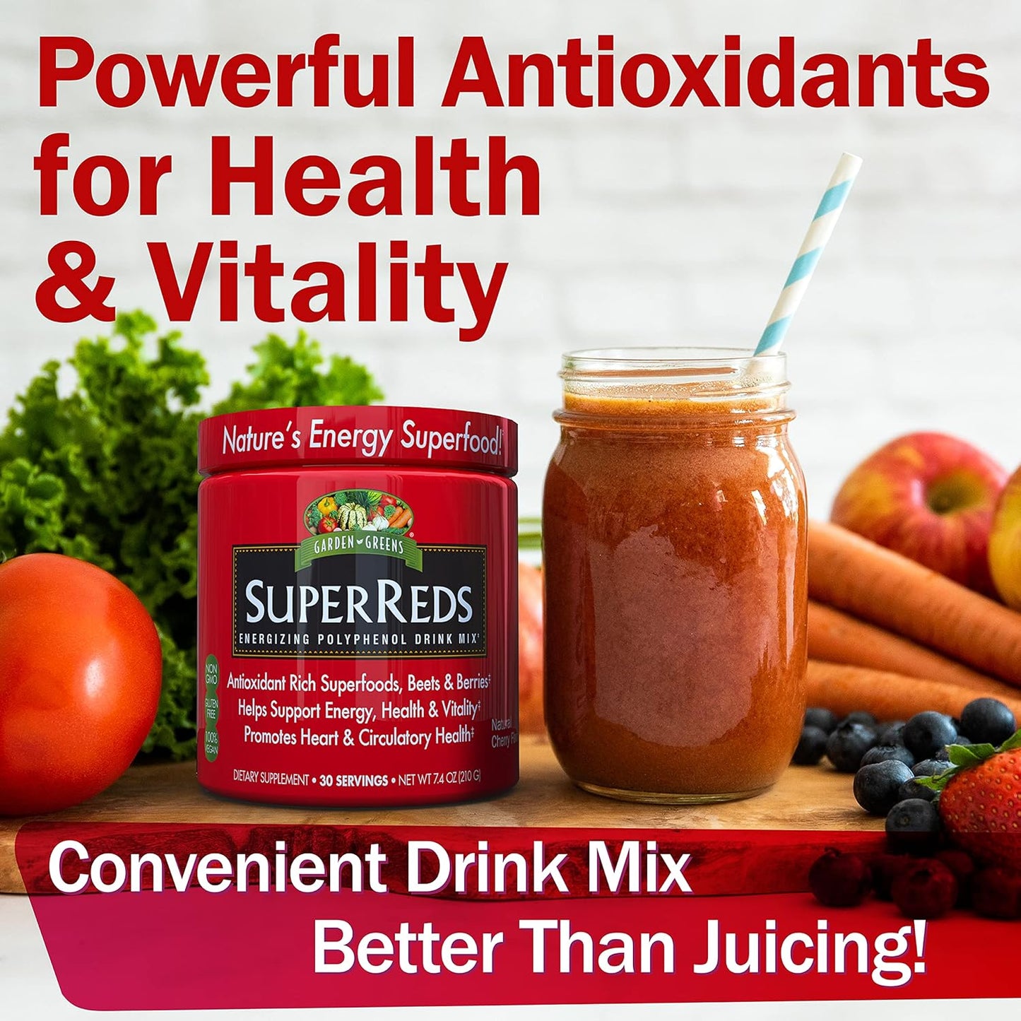 30 Servings of Garden Greens Super Reds Energizing Polyphenol Superfoods Antioxidant Powder Drink Mix - 7.4 Ounce