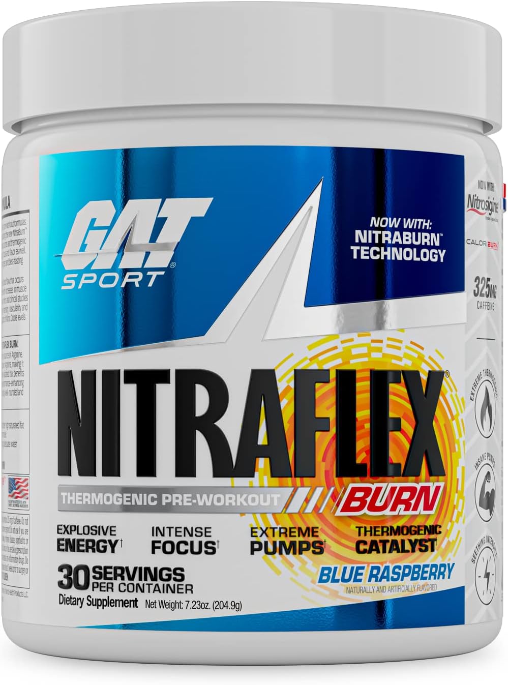 30 Servings of GAT Sport NITRAFLEX Burn Pre-Workout in Blue Raspberry Flavor