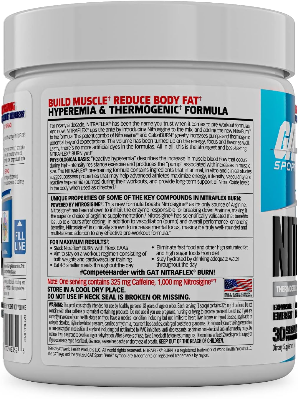 30 Servings of GAT Sport NITRAFLEX Burn Pre-Workout in Blue Raspberry Flavor
