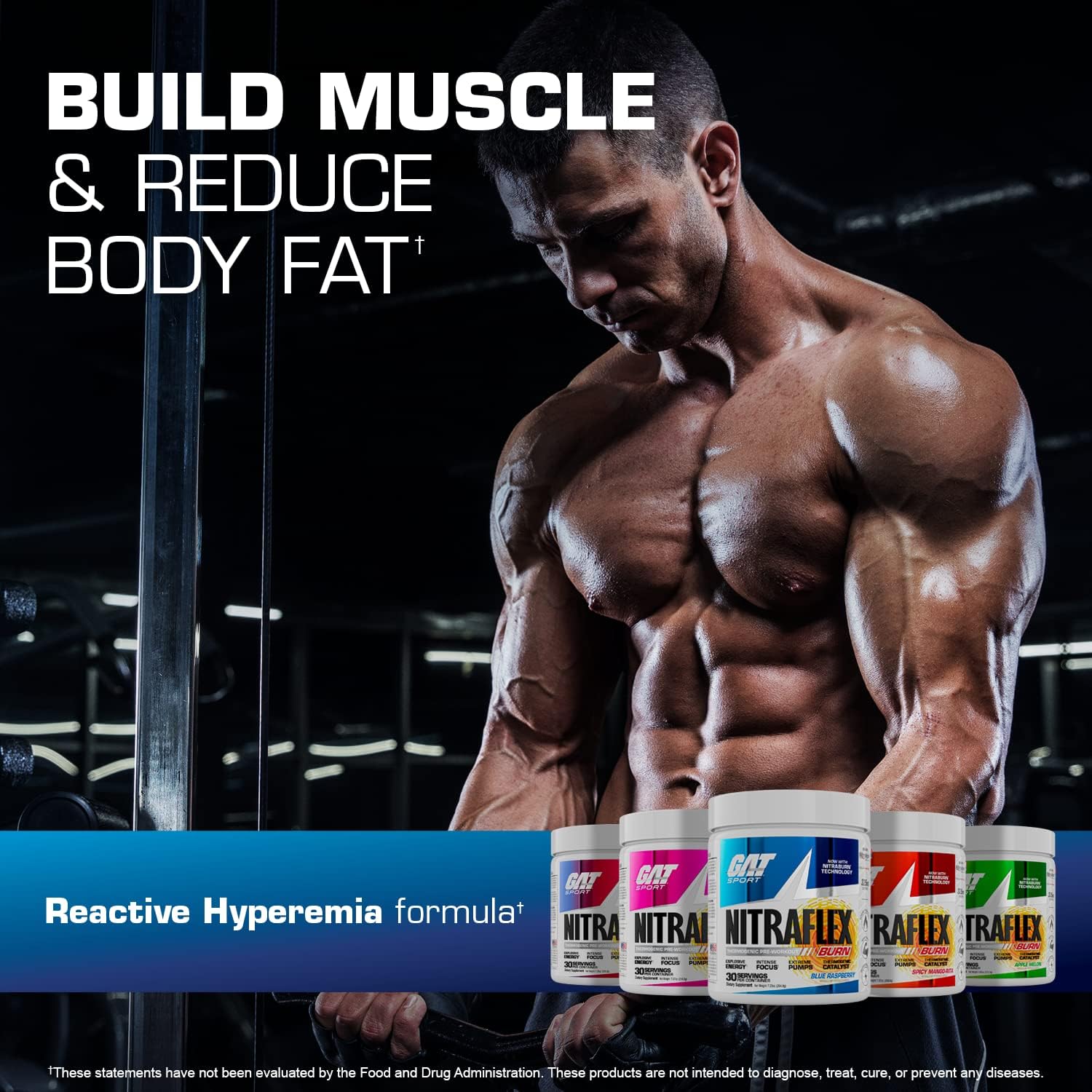 30 Servings of GAT Sport NITRAFLEX Burn Pre-Workout in Blue Raspberry Flavor