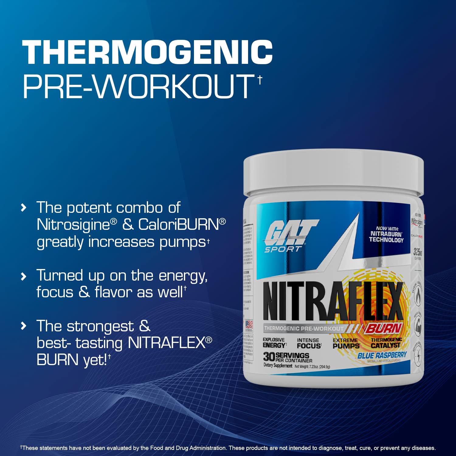30 Servings of GAT Sport NITRAFLEX Burn Pre-Workout in Blue Raspberry Flavor