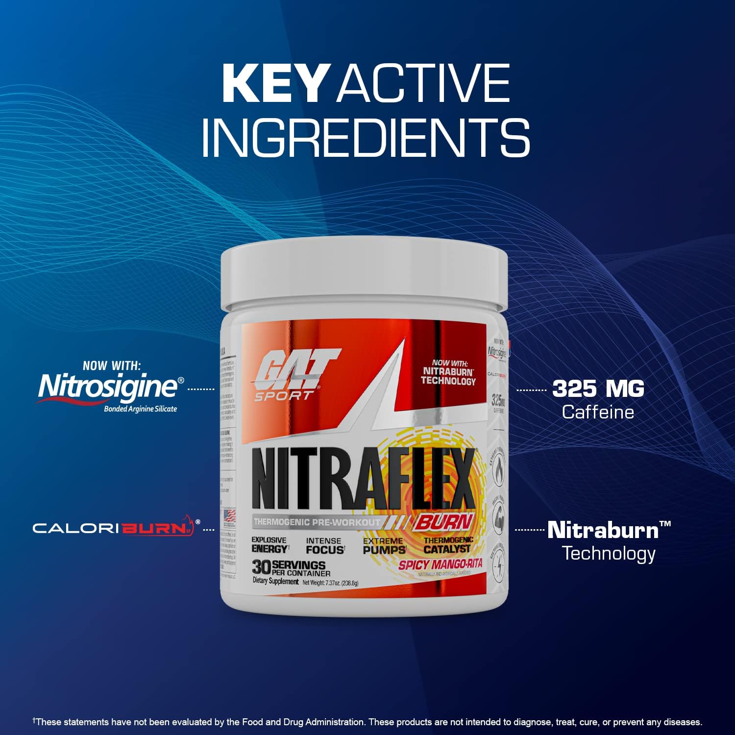 30 Servings of GAT Sport NITRAFLEX Burn Pre-Workout in Blue Raspberry Flavor
