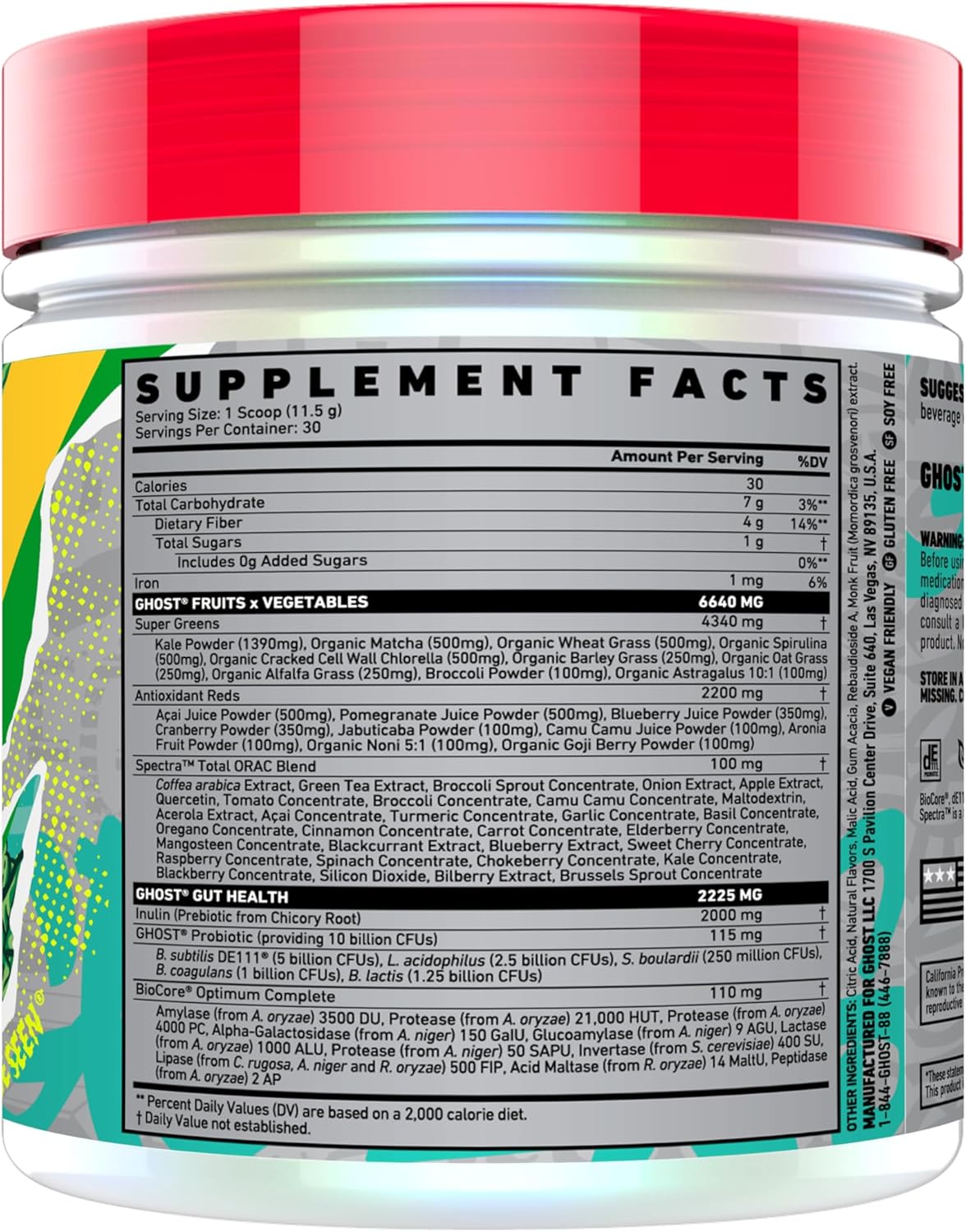 30 Servings of GHOST Greens Superfood Powder with 19 Super Greens & Reds, Fruits, Vegetables, Spirulina, Chlorella, Prebiotics, Probiotics, Digestive Enzymes - Soy-Free Formula
