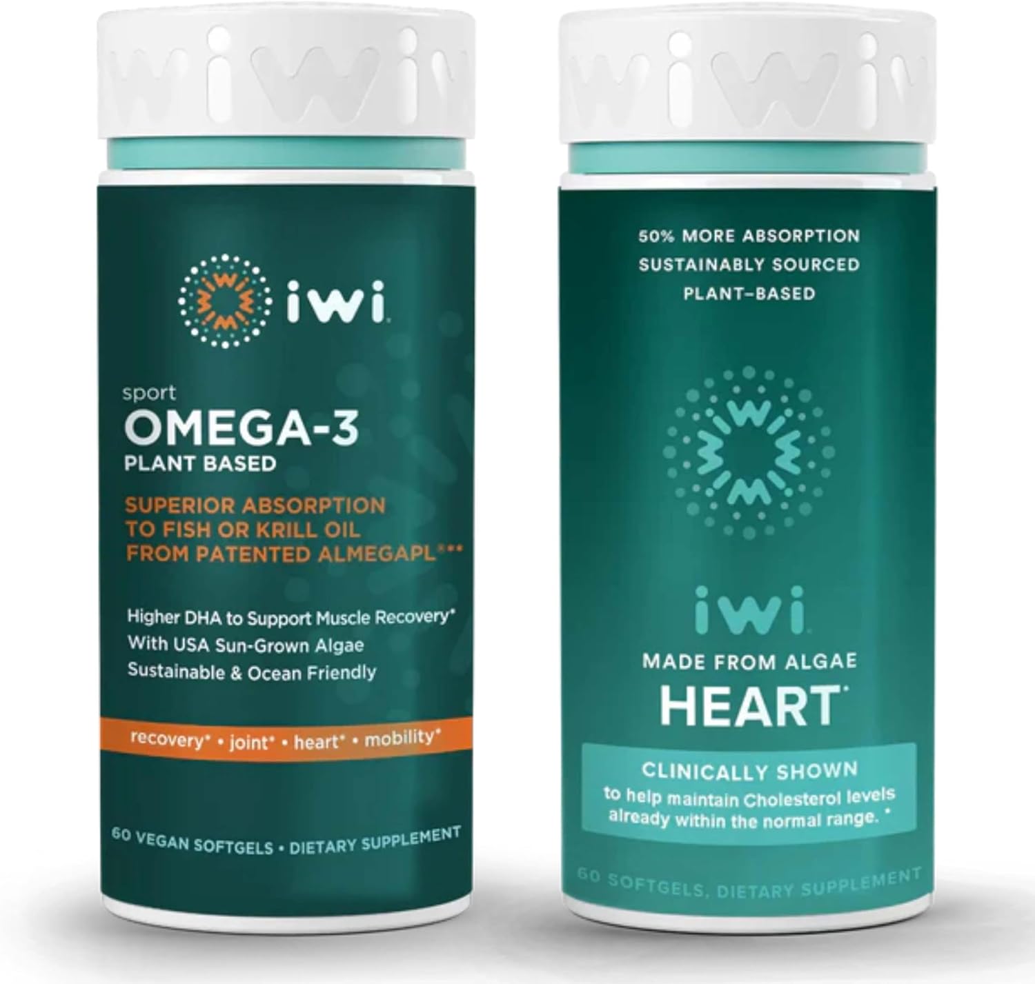 30 Servings of iwi Omega-3 Sport & Heart Bundle - Vegan Algae Omega-3, Krill & Fish Oil Alternative, No Fishy Aftertaste
