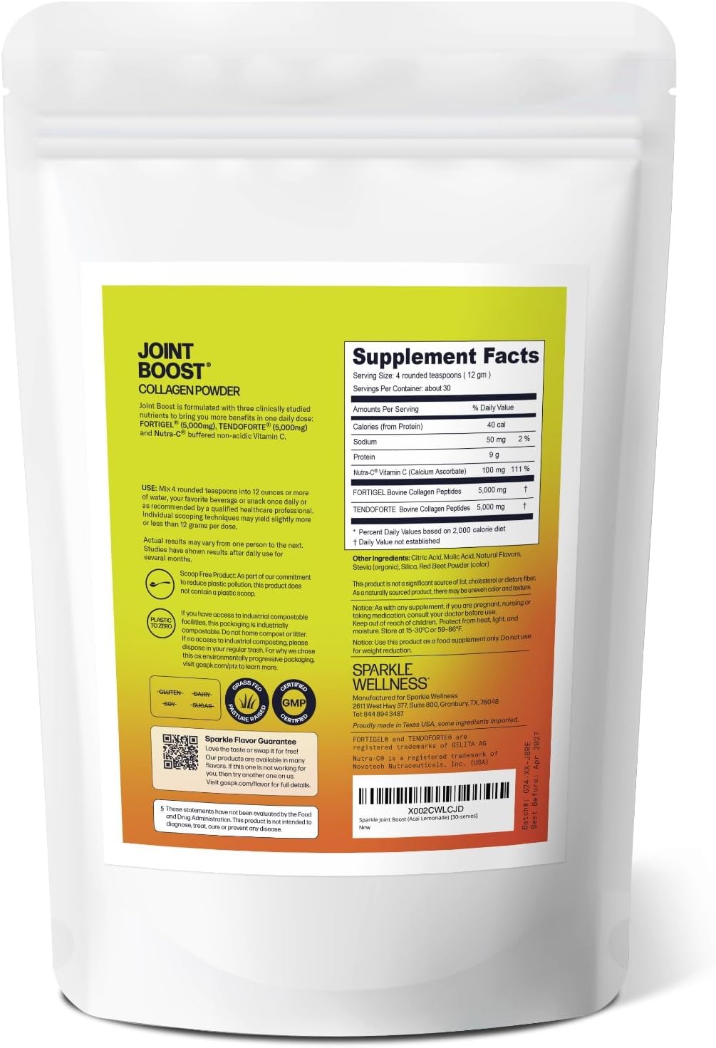 30 Servings of Sparkle Collagen Wellness Joint Boost Supplement Powder - Acai Lemonade Flavor with FORTIGEL & TENDOFORTE Peptides for Joint Mobility & Vitamin C Support