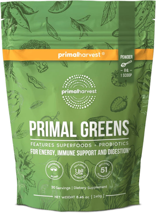 30 Servings Primal Harvest Super Greens Powder with +50 Greens Superfood, Chlorella, Probiotics, Green Tea, Wheatgrass, Kale, and Turmeric for Energy Boost